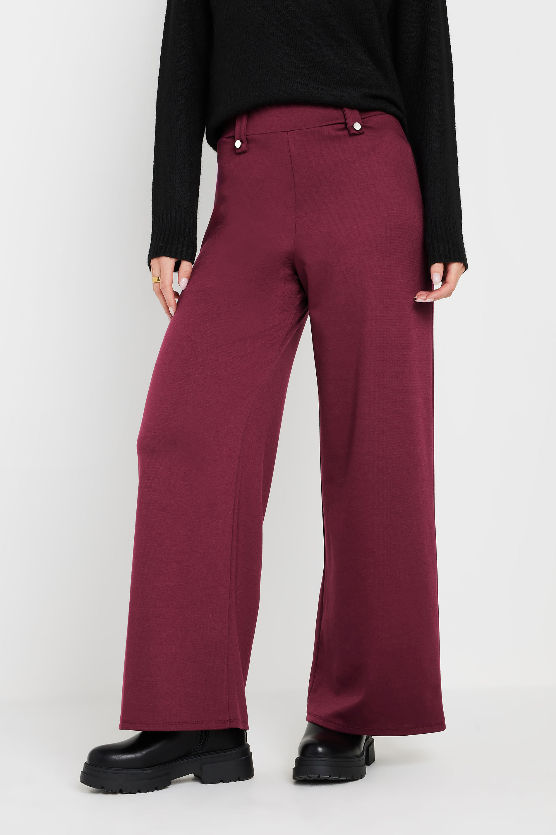 PixieGirl Petite Women's Burgundy Red Tailored Tab Wide Leg Trousers | PixieGirl 2