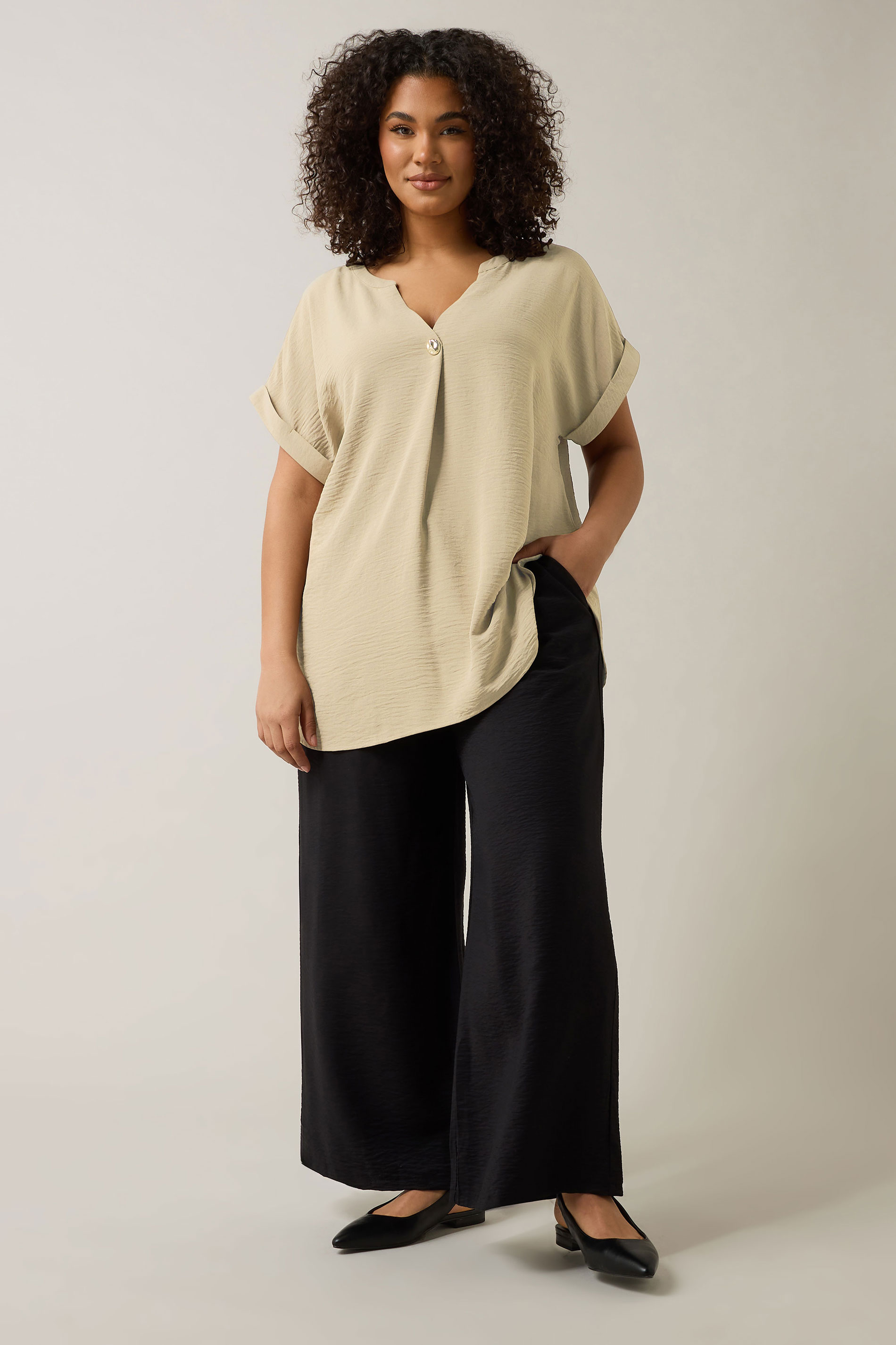 EVANS Plus Size Natural Brown Button Front Short Sleeve Blouse | Evans 2