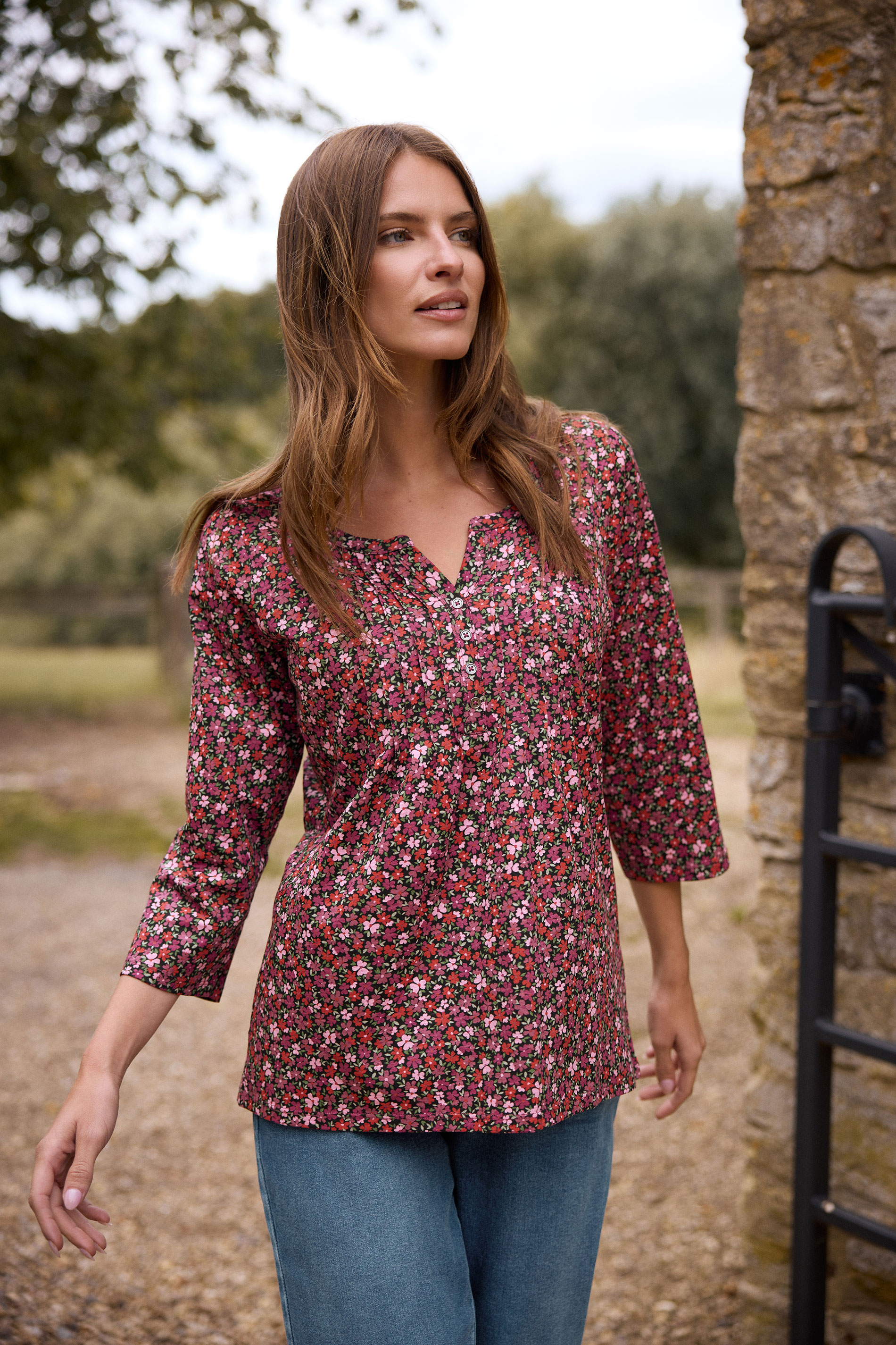 Women's Pink M&Co M&Co Ditsy Floral Cotton Henley Top Size 14