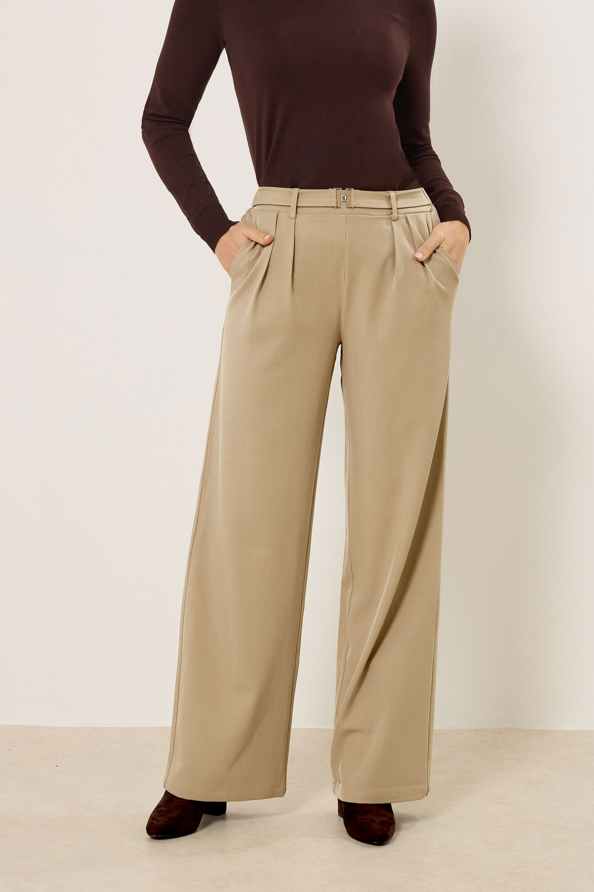 LTS Tall Women's Natural Brown Buckle Wide Leg Trousers | Long Tall Sally 1