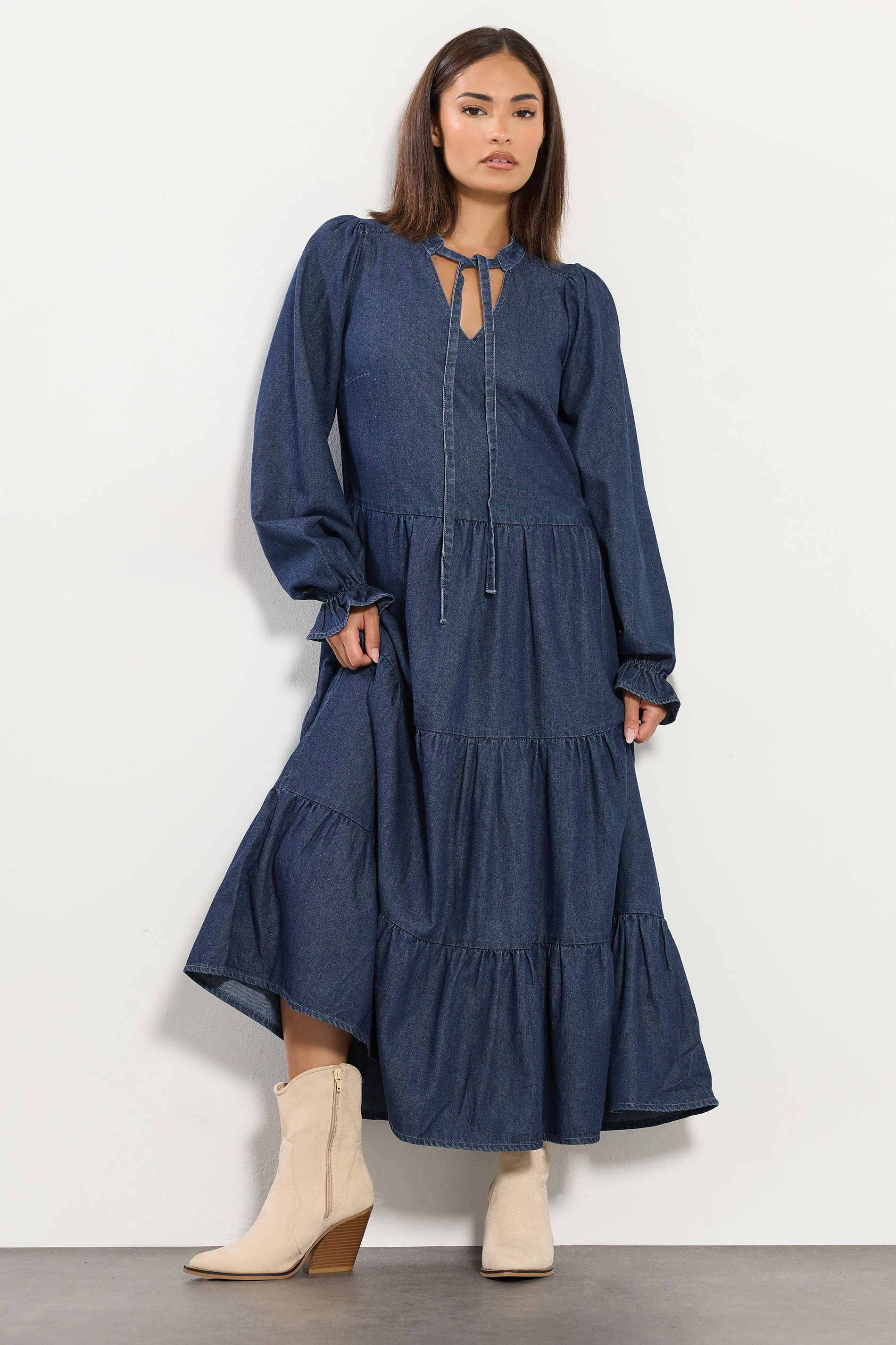 PixieGirl Petite Women's Dark Blue Tie Neck Tiered Cotton Dress | PixieGirl 3