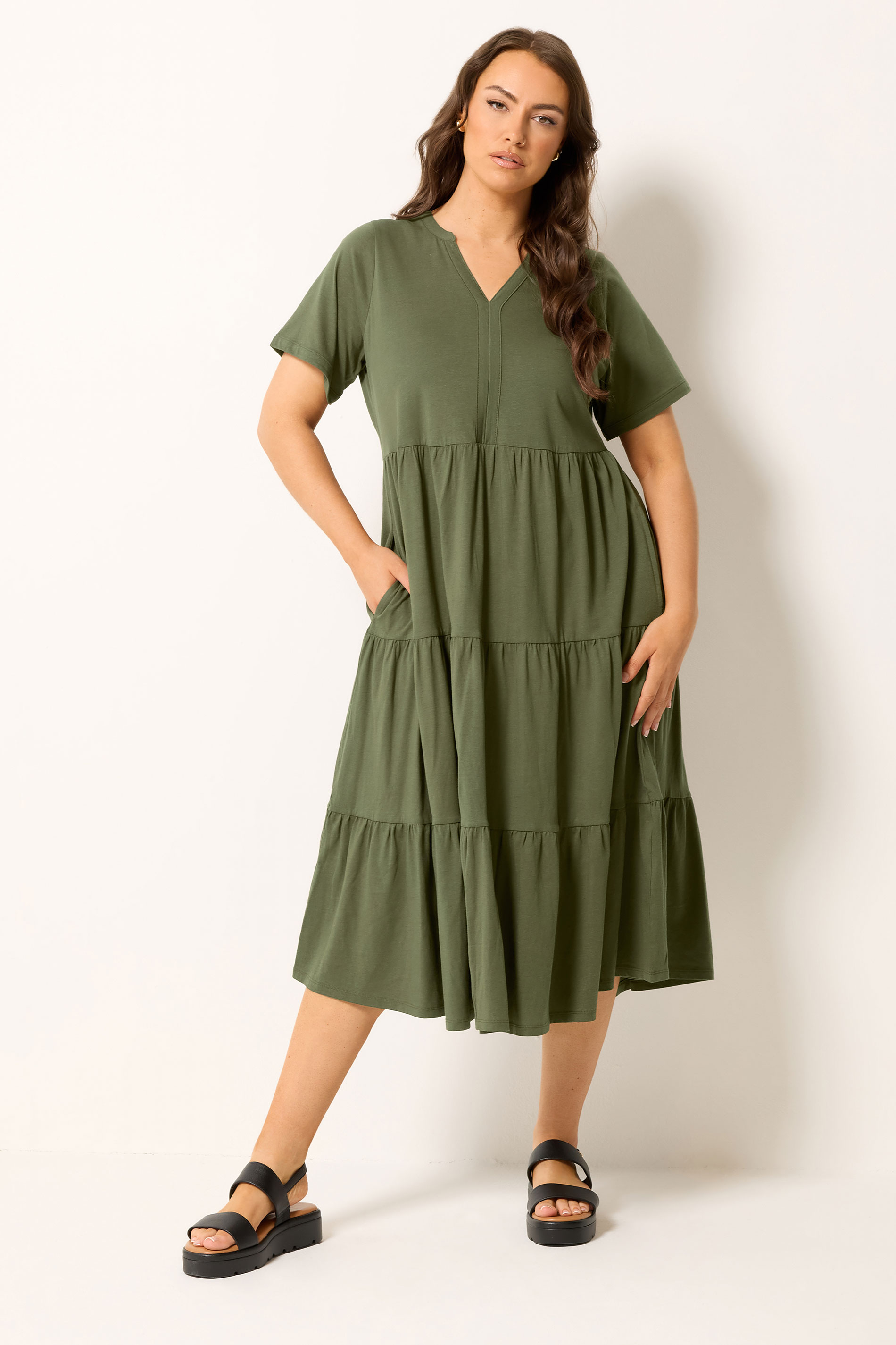YOURS Plus Size Khaki Green Tiered Maxi Dress | Yours Clothing 1