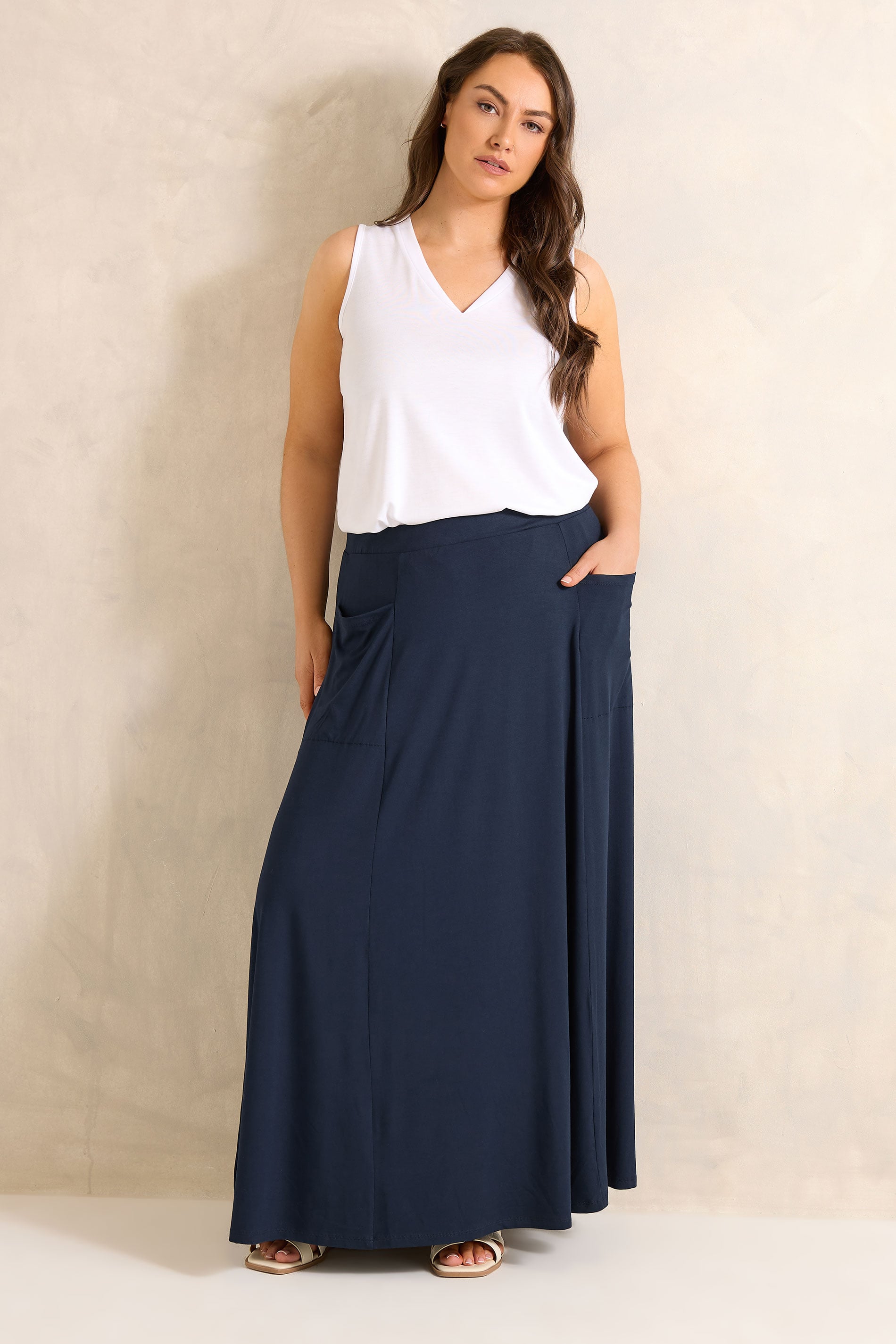 EVANS Plus Size Navy Blue Stretch Jersey Midaxi Skirt | Evans 1