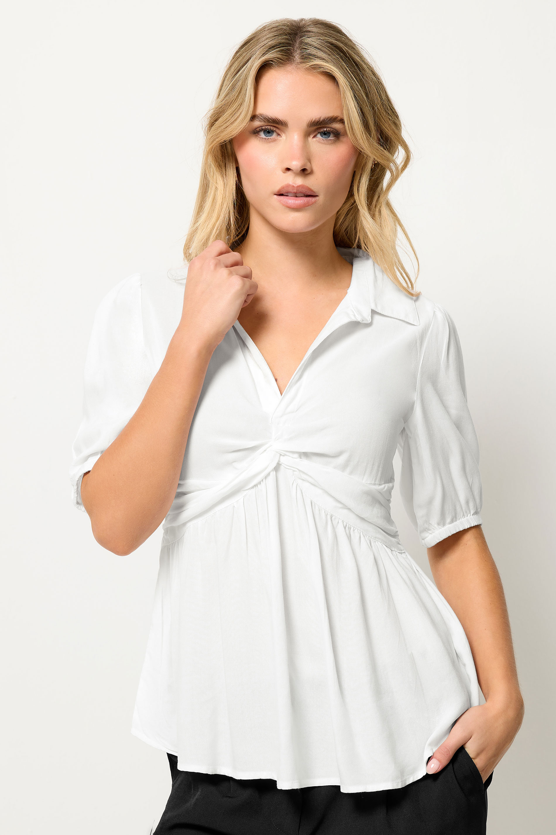 PixieGirl Petite Women's White Woven Twist Front Top | PixieGirl 3