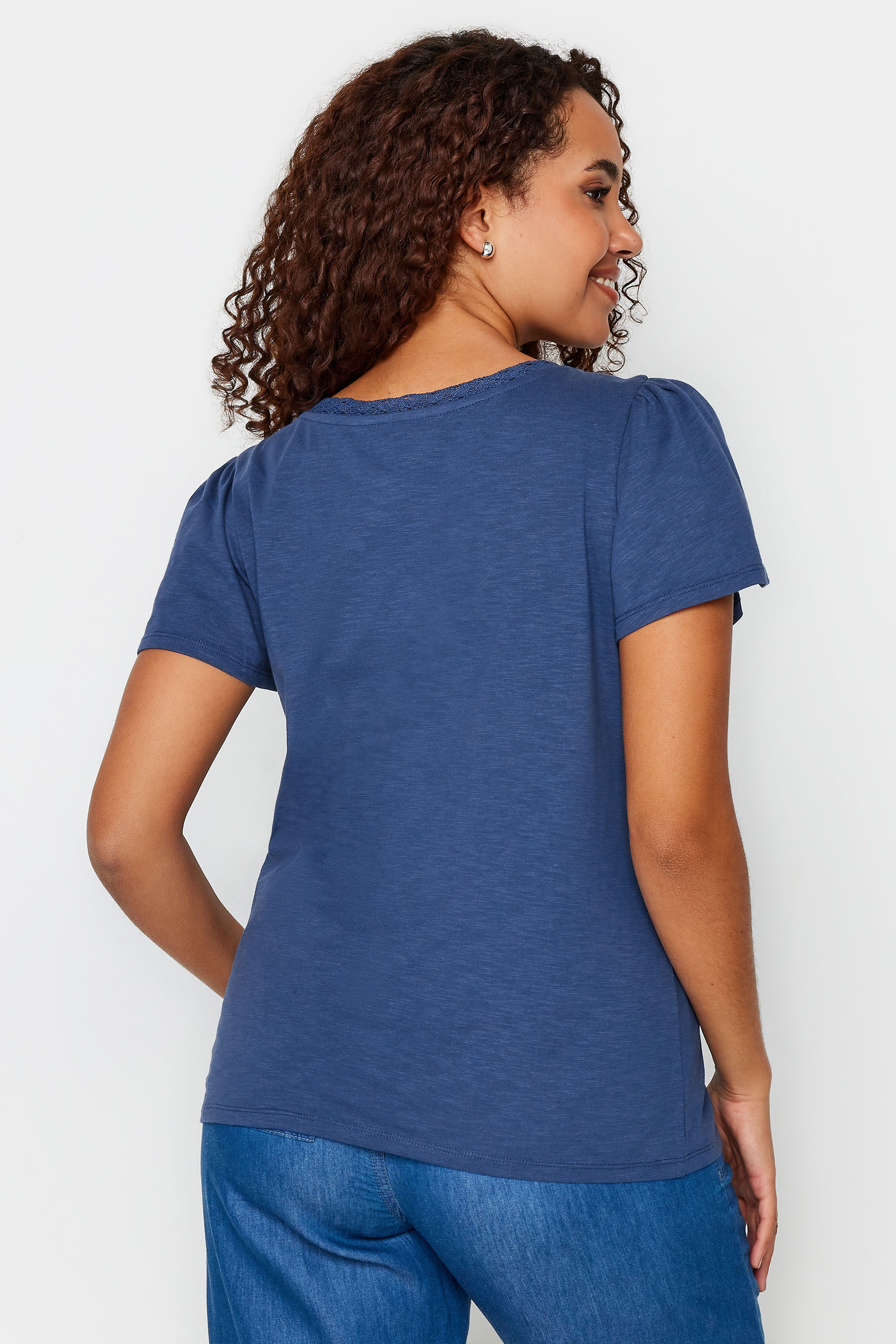 M&Co Navy Blue Lace Trim Short Sleeve V-Neck Cotton T-Shirt | M&Co 3