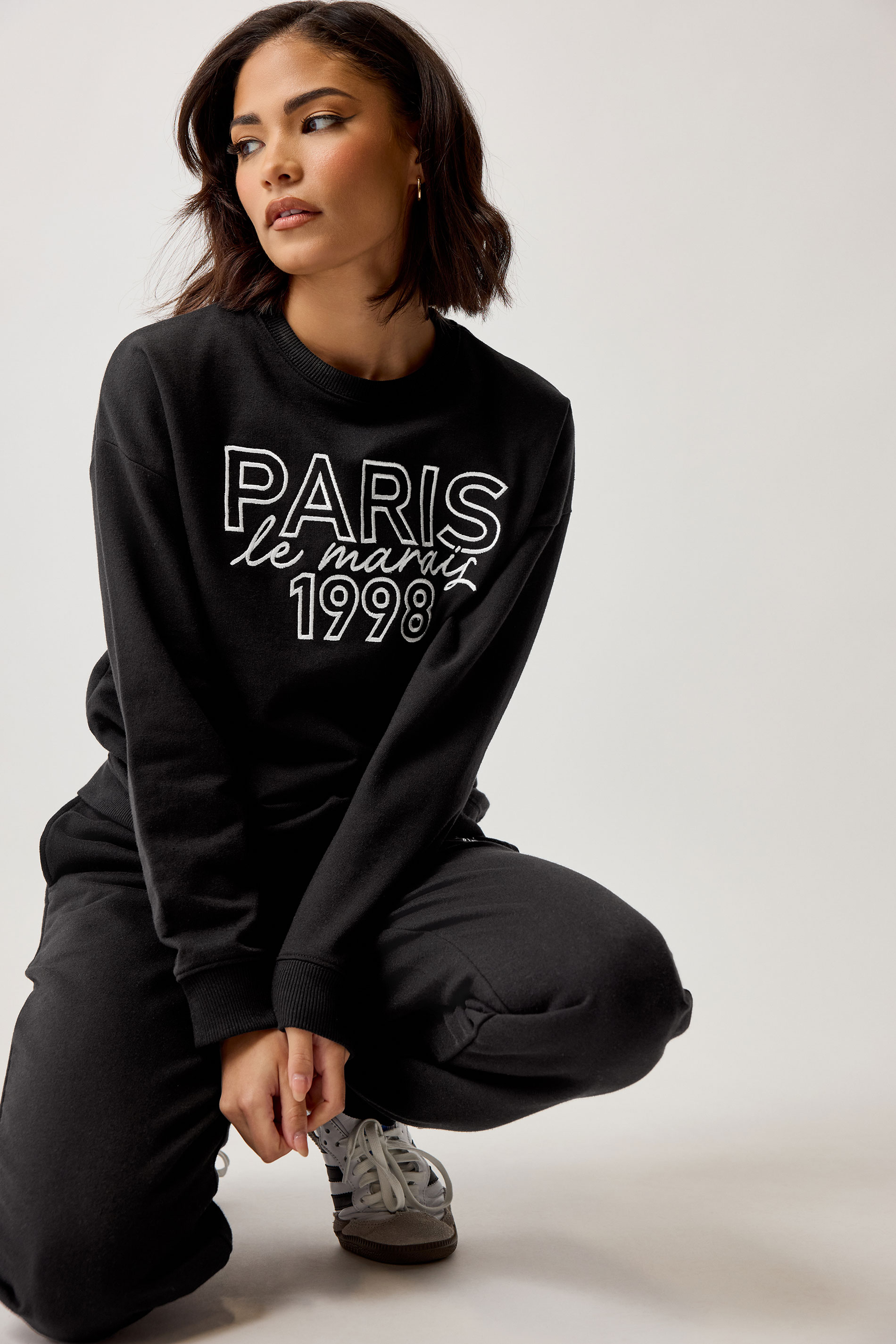 PixieGirl Petite Women's Black Jersey 'Paris' Slogan Sweatshirt | PixieGirl 3