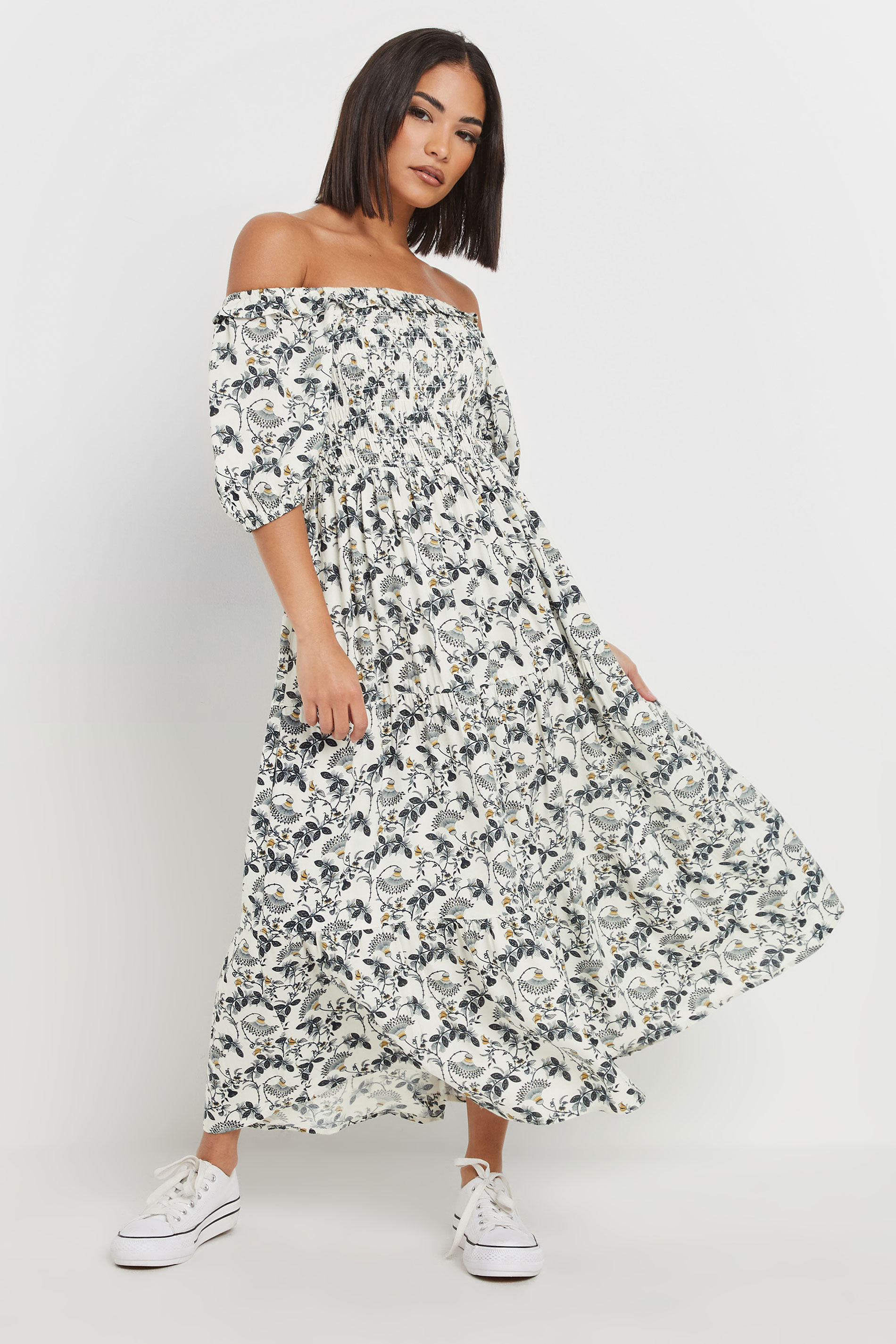 PixieGirl Petite Women's White Paisley Floral Tiered Bardot Dress | PixieGirl 3