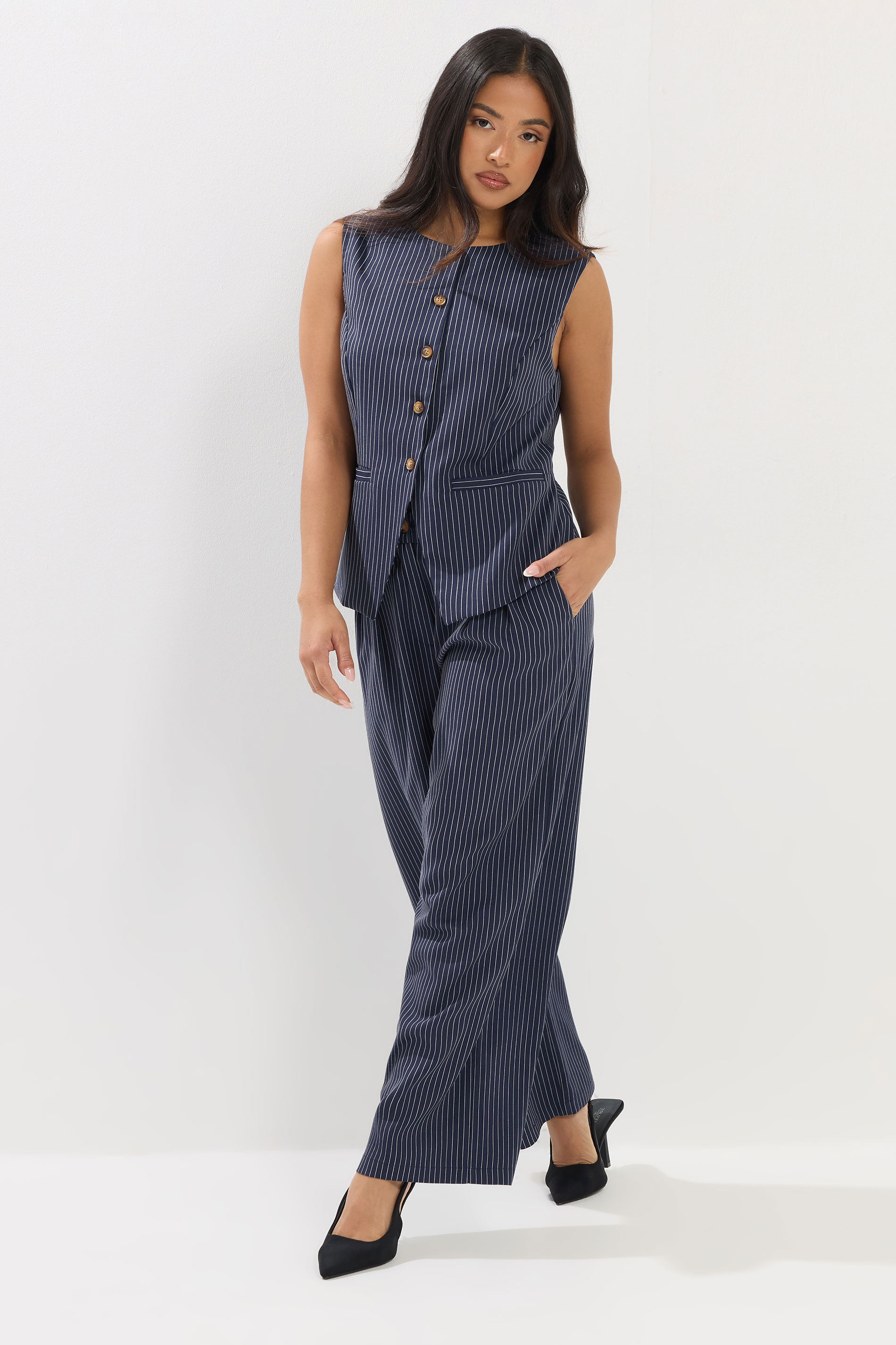 PixieGirl Petite Women's Navy Blue Pinstripe Waistcoat | PixieGirl 2
