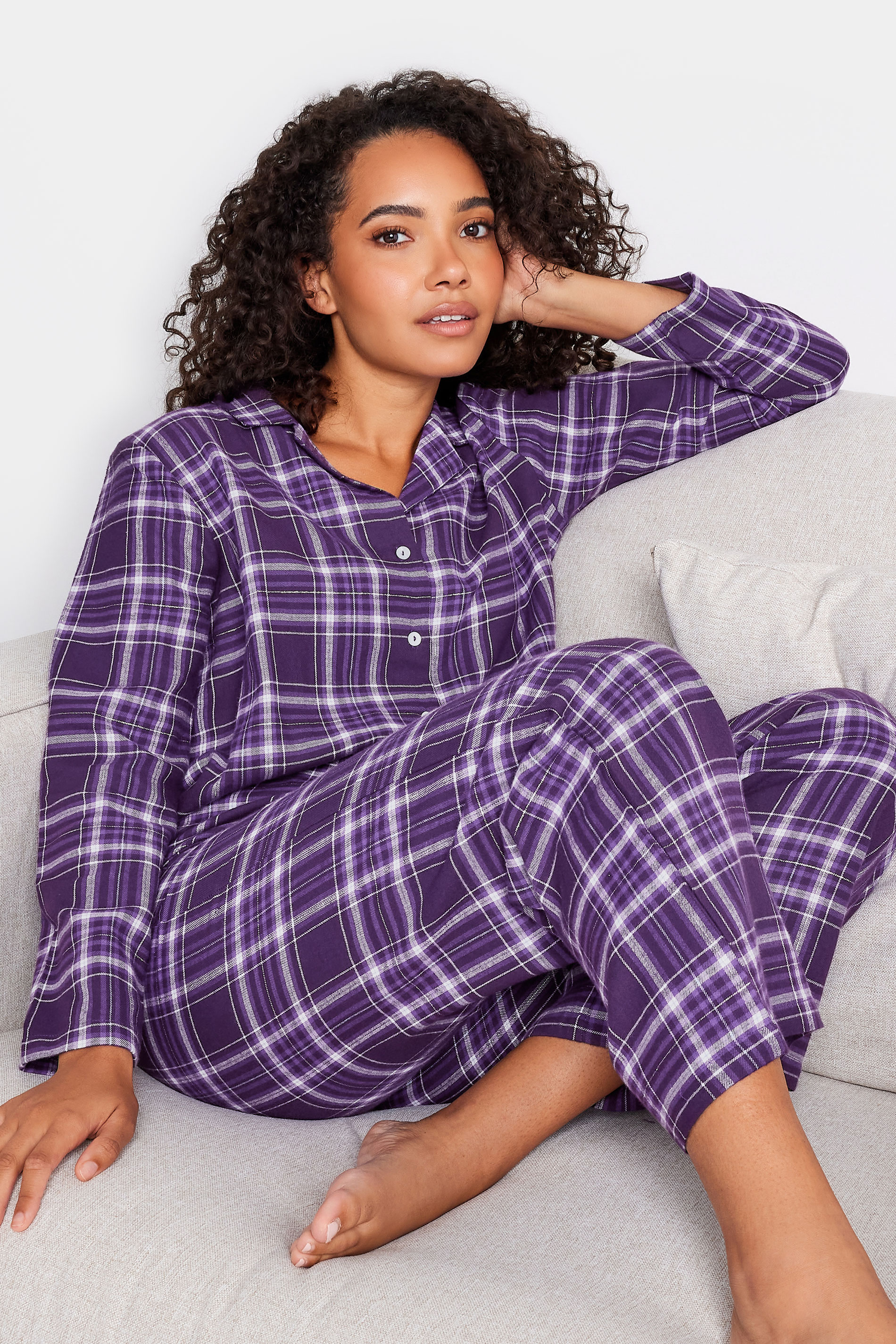 M&Co Purple Brushed Cotton Check Print Long Sleeve Pyjama Set | M&Co  1