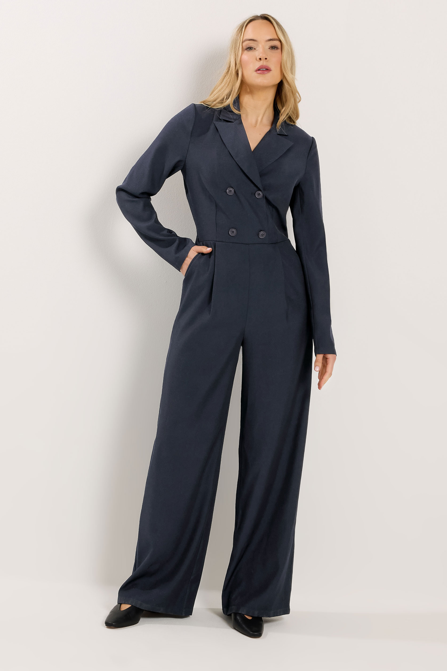 LTS Tall Navy Blue Open Collar Wide Leg Jumpsuit | Long Tall Sally 3