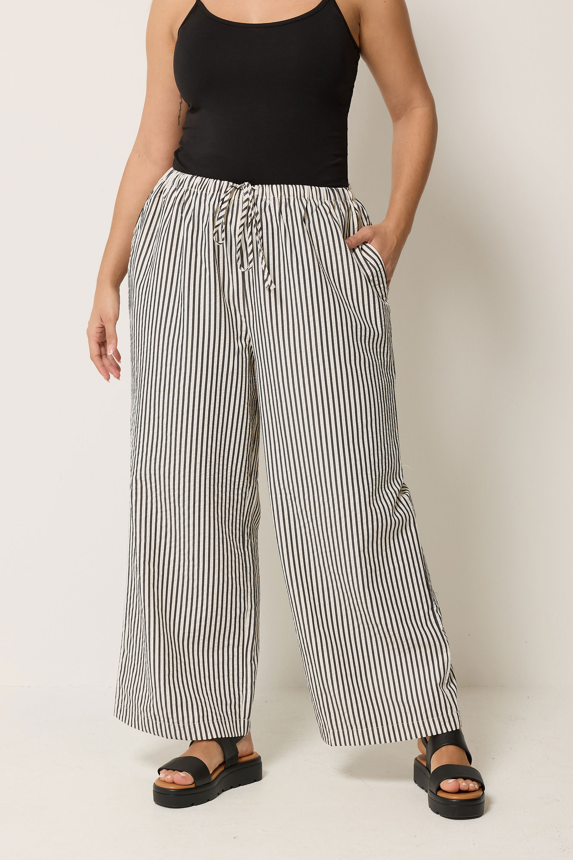 YOURS Plus Size Cream & Black Stripe Trousers | Yours Clothing 3