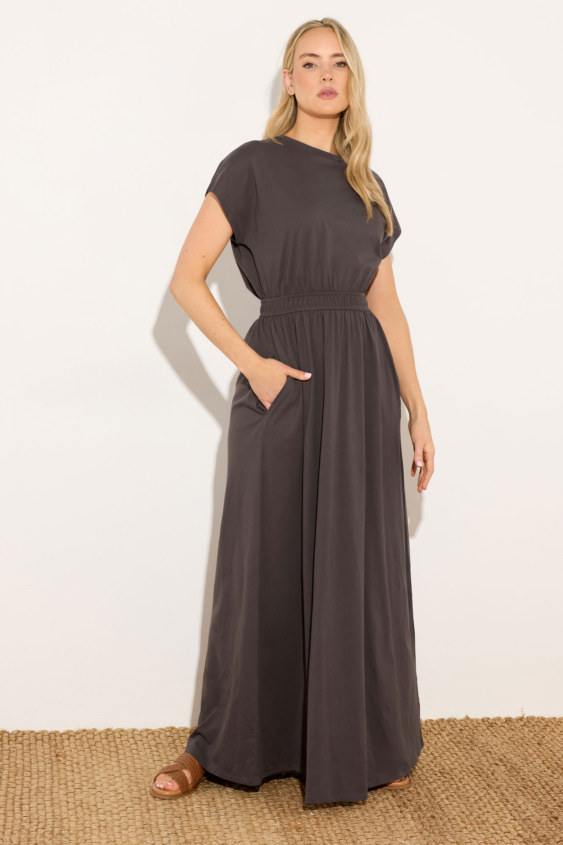 LTS Tall Women's Chocolate Brown Jersey Shirred Waist Cotton Maxi Dress | Long Tall Sally 3