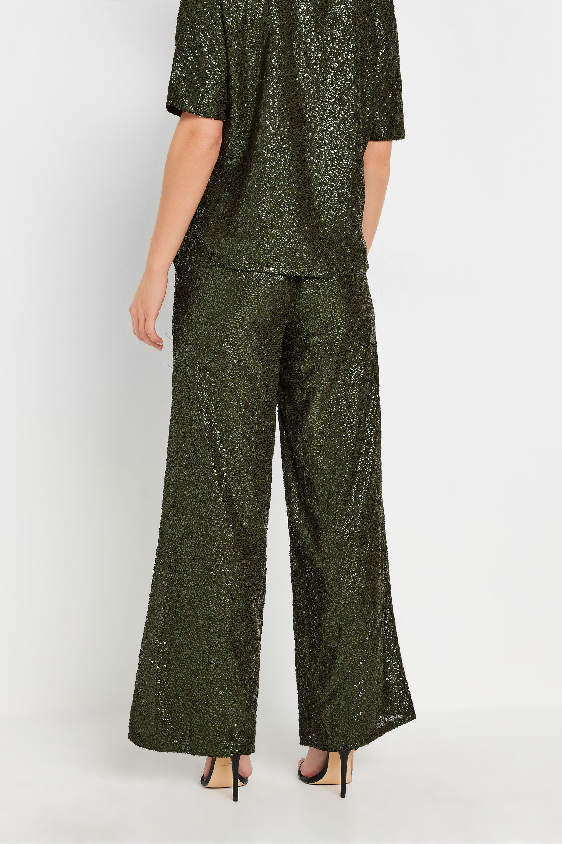 PixieGirl Petite Women's Khaki Green Sequin Embellished Wide Leg Trousers | PixieGirl 4