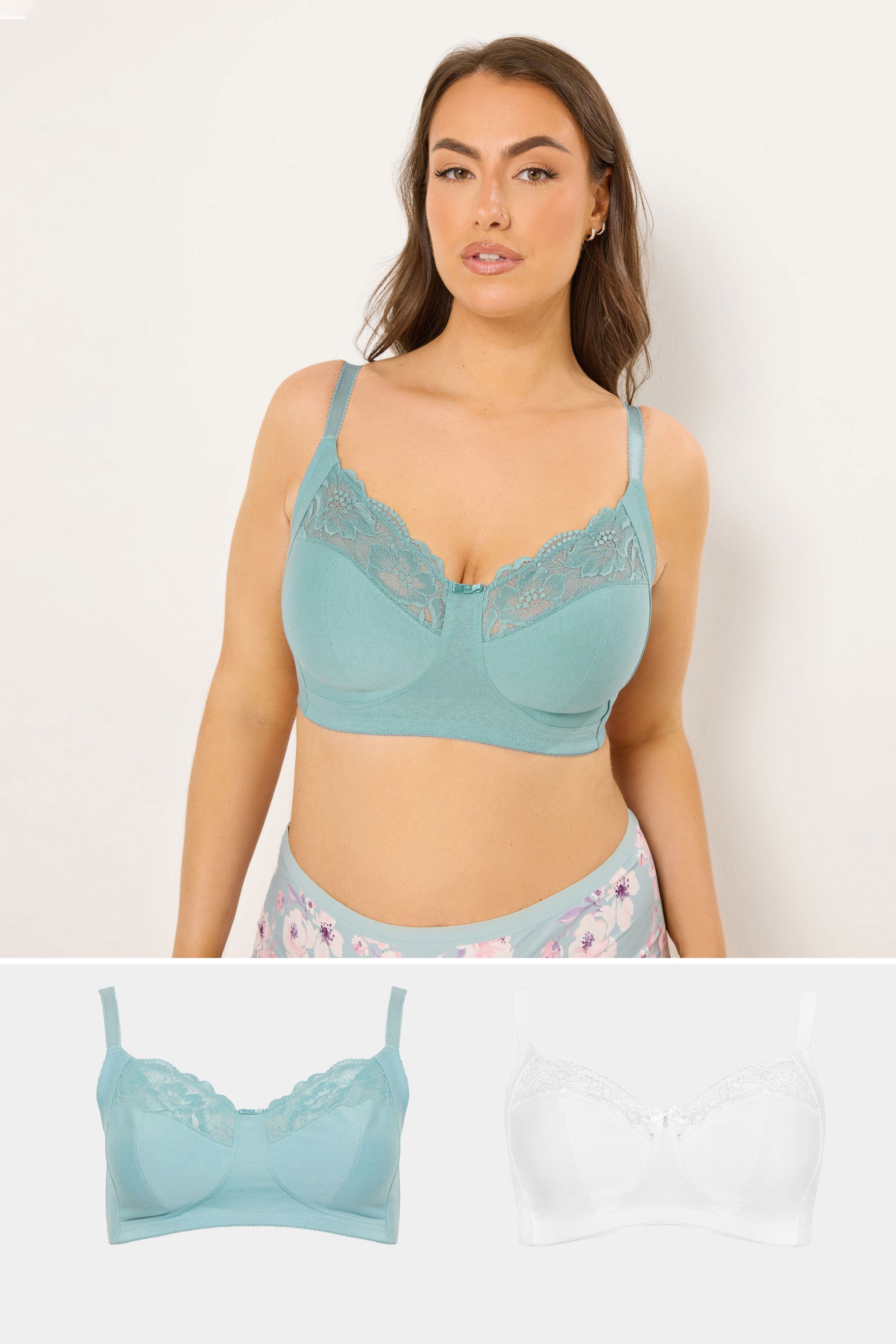 YOURSET 2 PACK Plus Size Blue Cotton Lace Trim Non-Padded Non-Wired Bralette | Yours Clothing 1