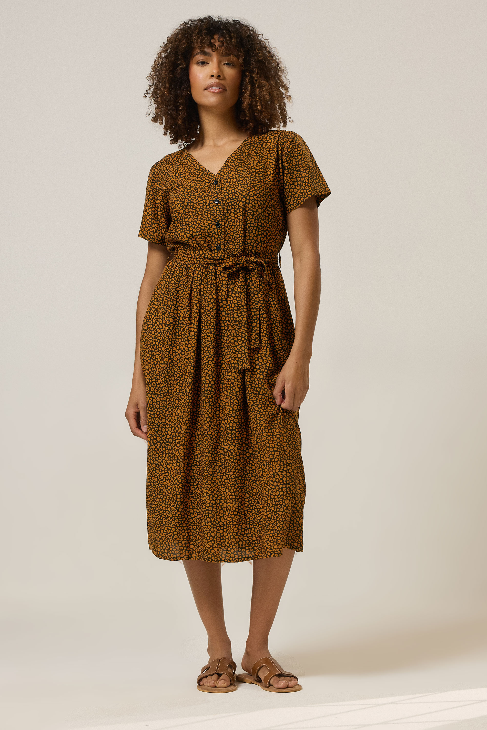 M&Co Brown Animal Print Tie Belt Midi Dress | M&Co 1