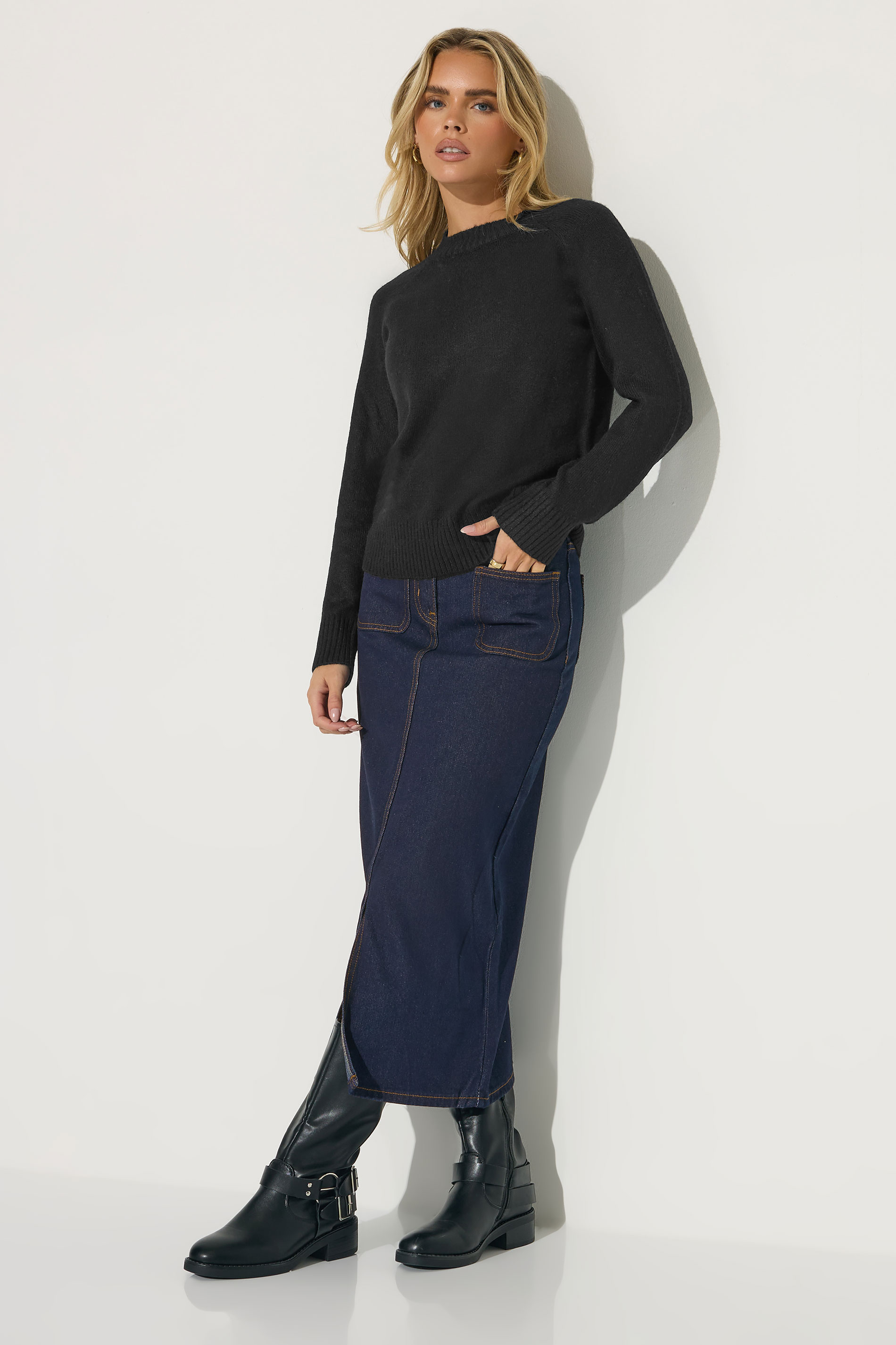 PixieGirl Petite Women's Dark Blue Pocket Patch Denim Skirt | PixieGirl 3