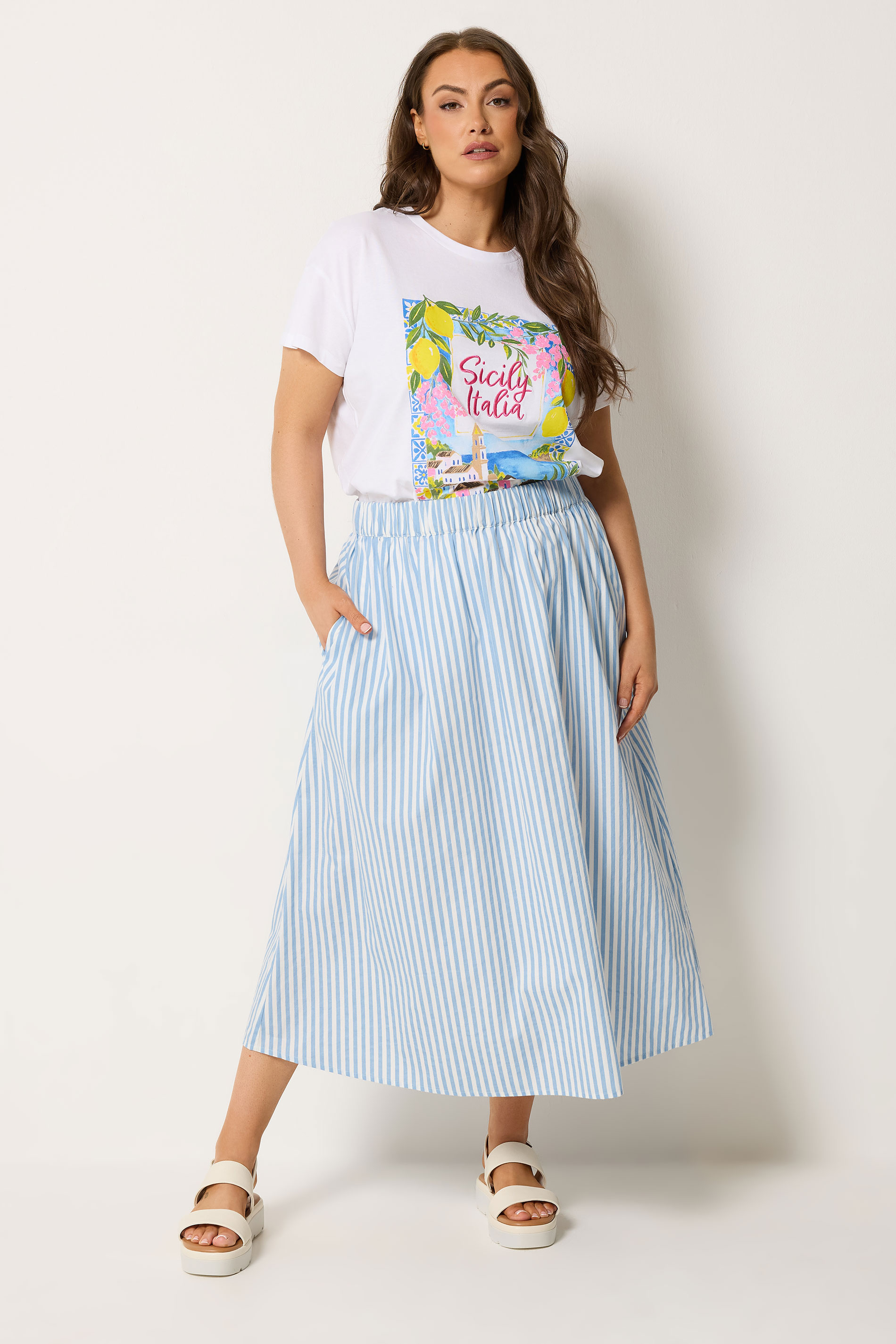 YOURS Plus Size Blue Stripe Poplin Skirt | Yours Clothing 1