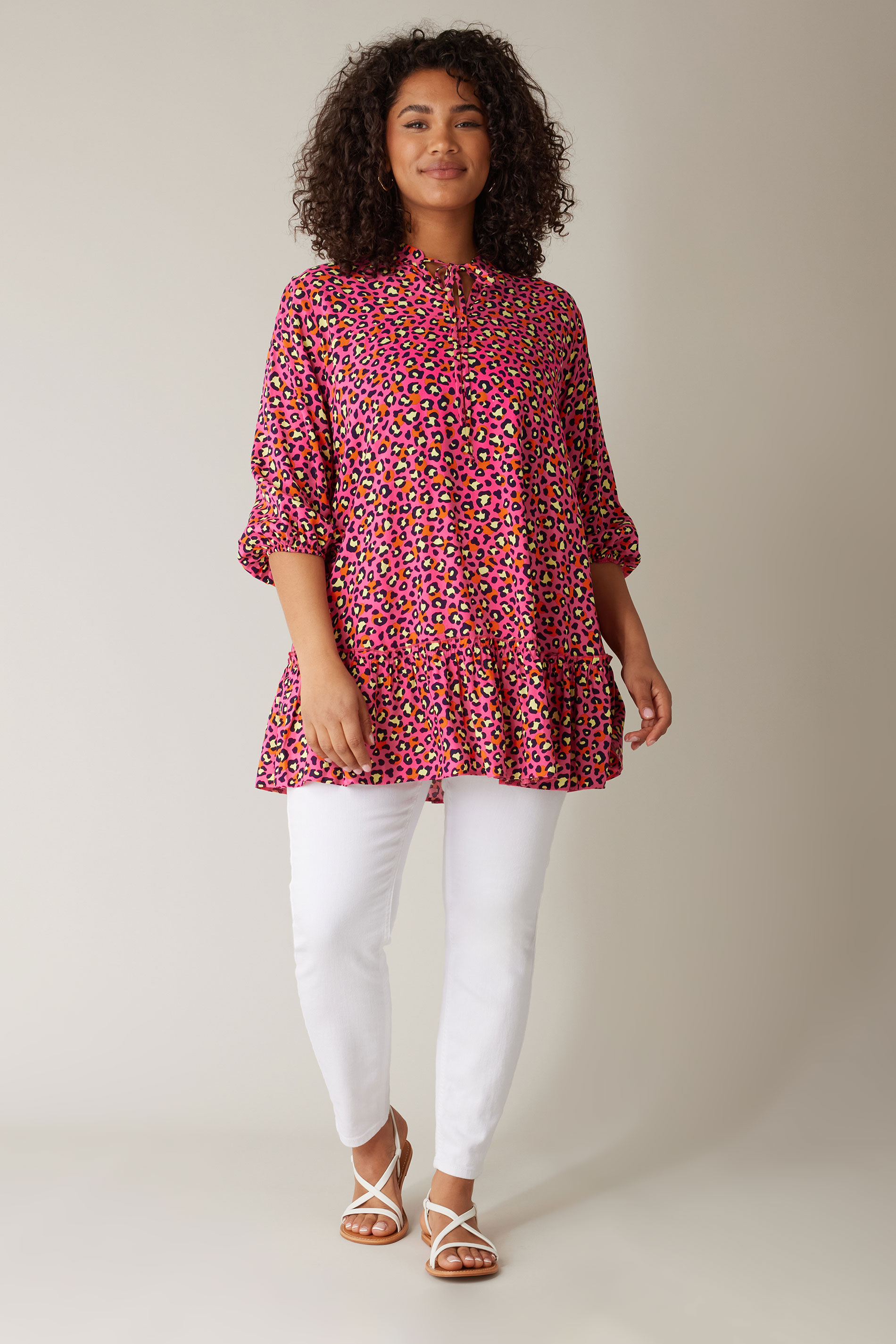 EVANS Plus Size Pink Leopard Print Tie Neck Blouse | Evans 1