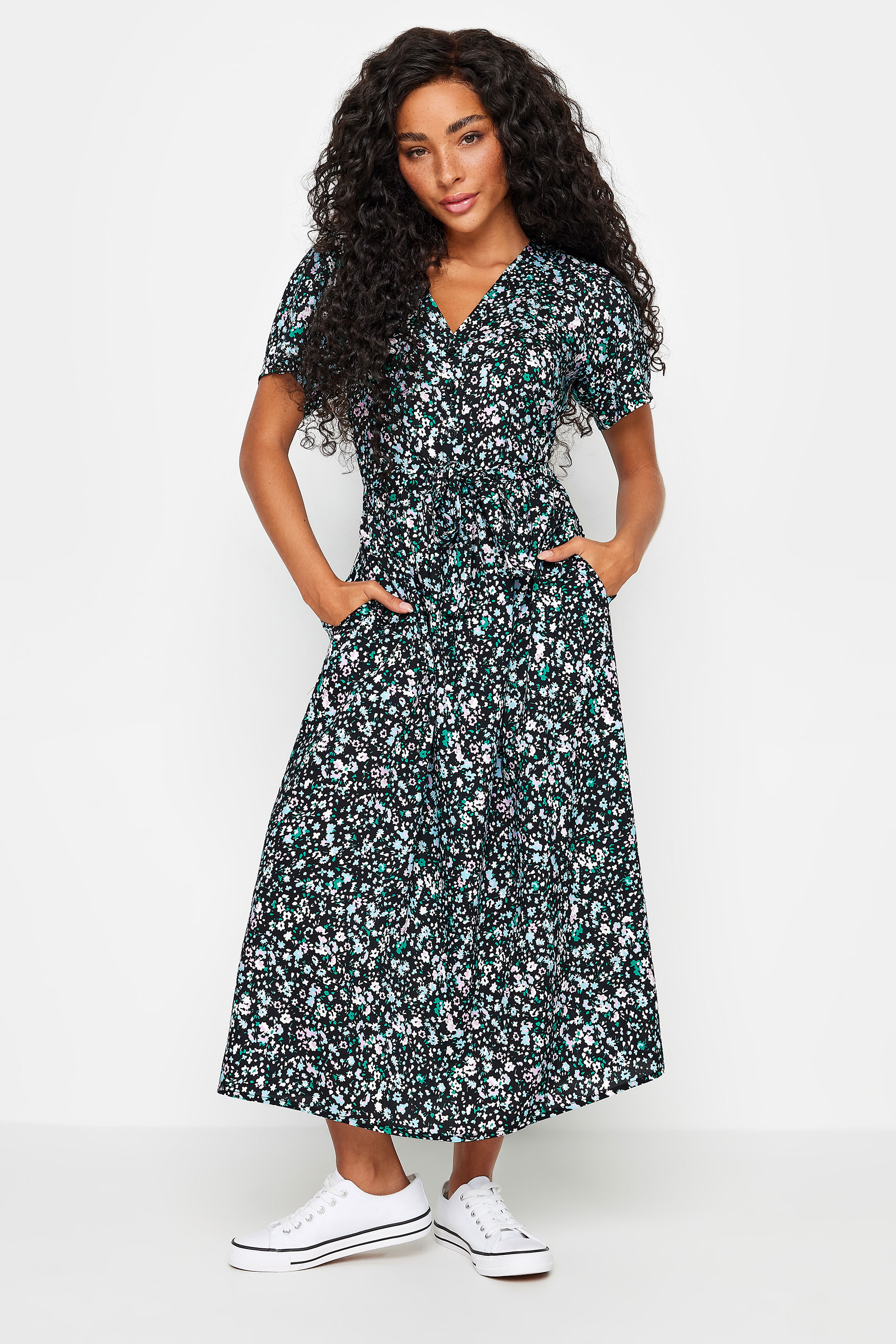 M&Co Petite Black Ditsy Floral Print Button Down Dress | M&Co 2