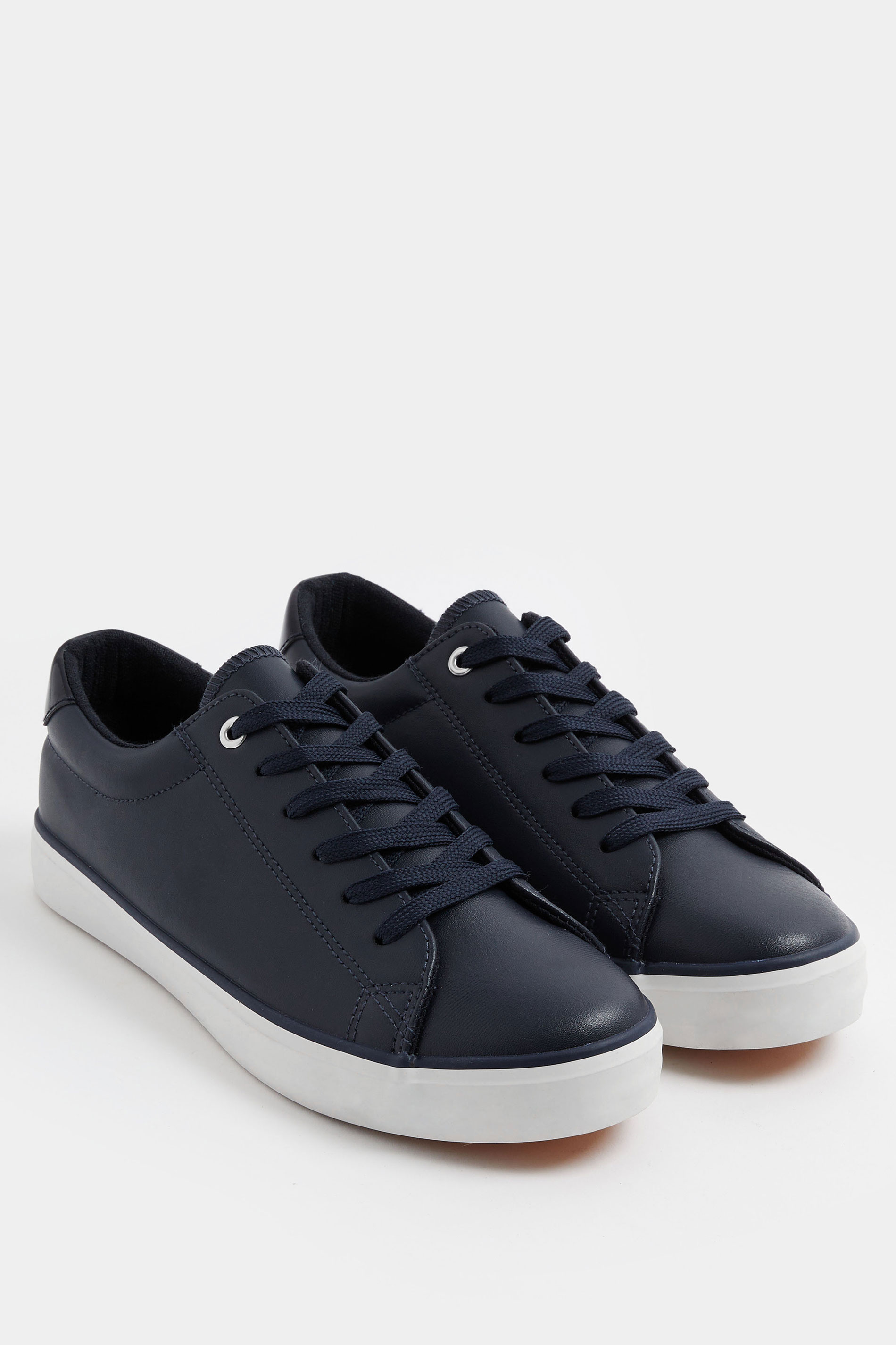 Navy Blue Faux Leather Lace Up Trainers In Extra Wide EEE Fit | Yours Clothing 1
