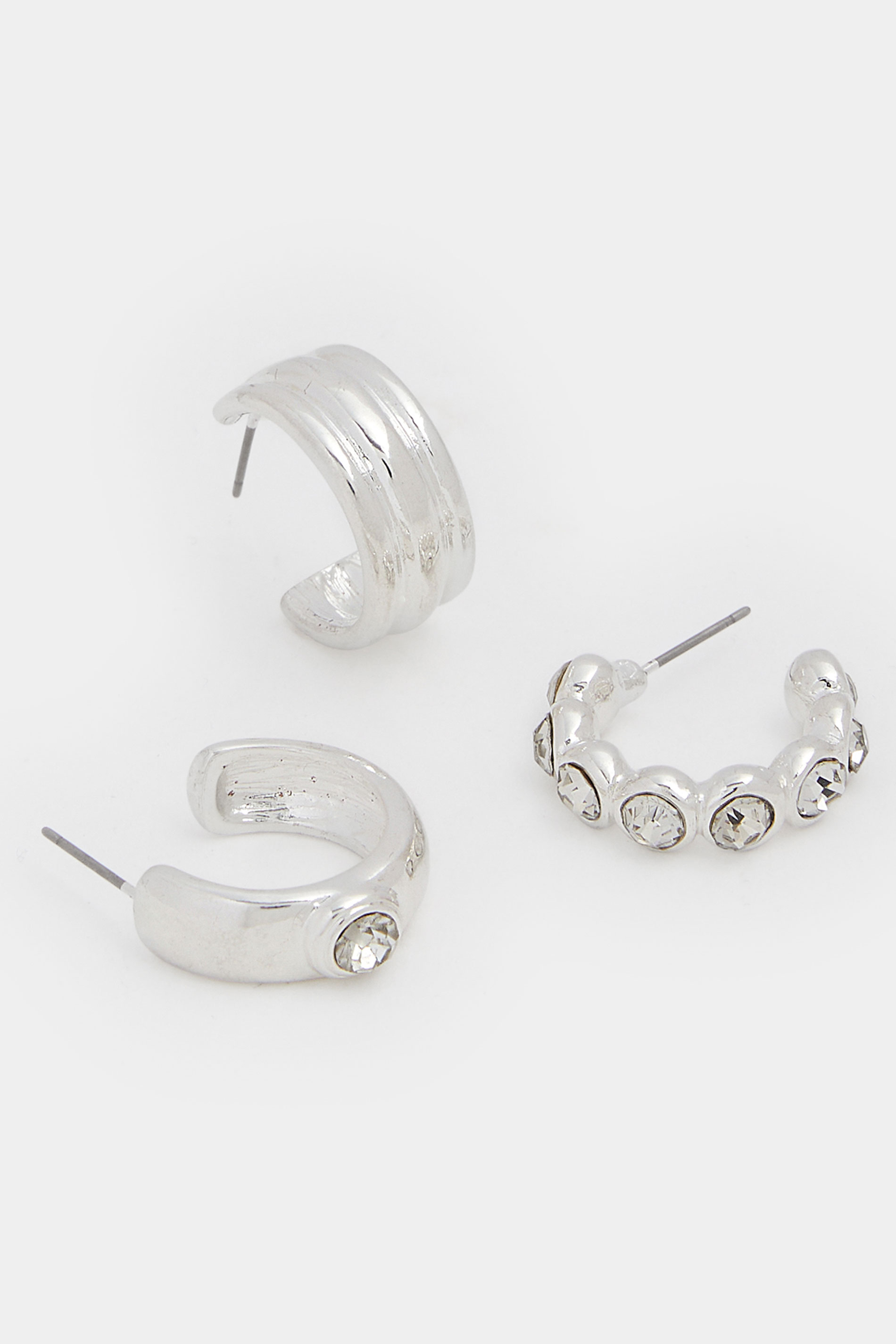YOURSET 3 PACK Silver Tone Diamante Hoop Earrings | Yours Clothing 2