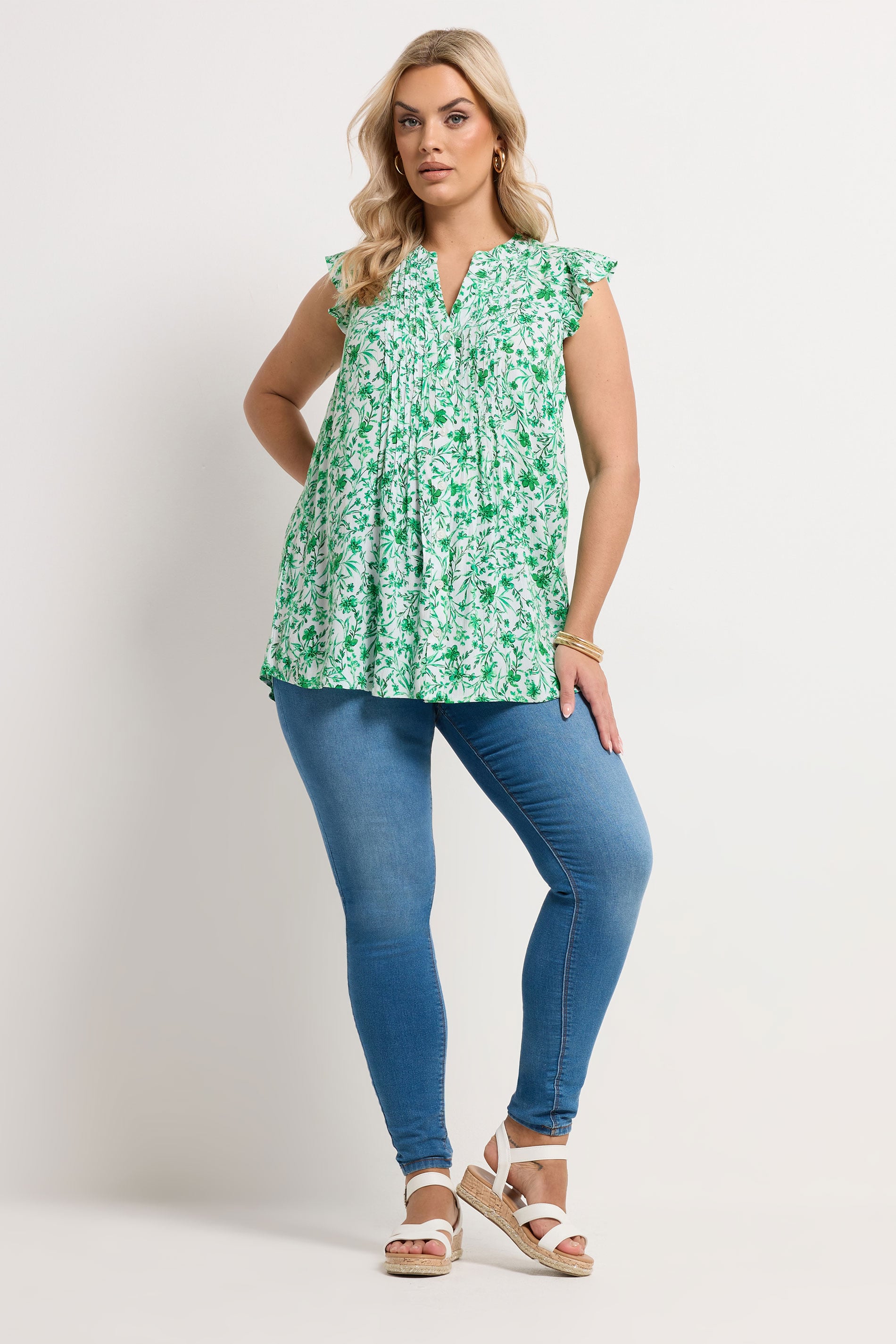 YOURS Plus Size Green Floral Pintuck Blouse | Yours Clothing 1