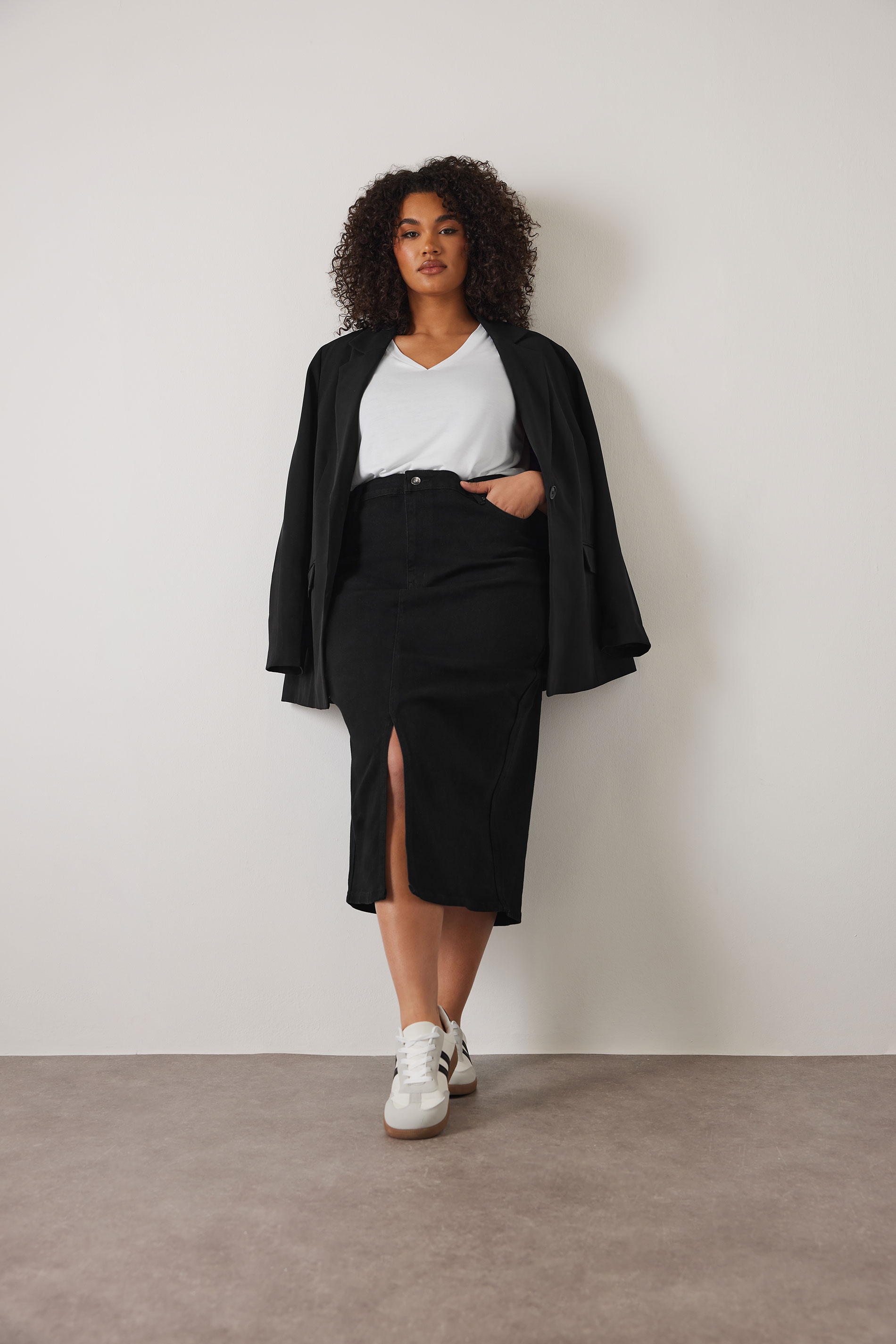 EVANS Plus Size Black Split Hem Denim Midi Skirt | Evans 3