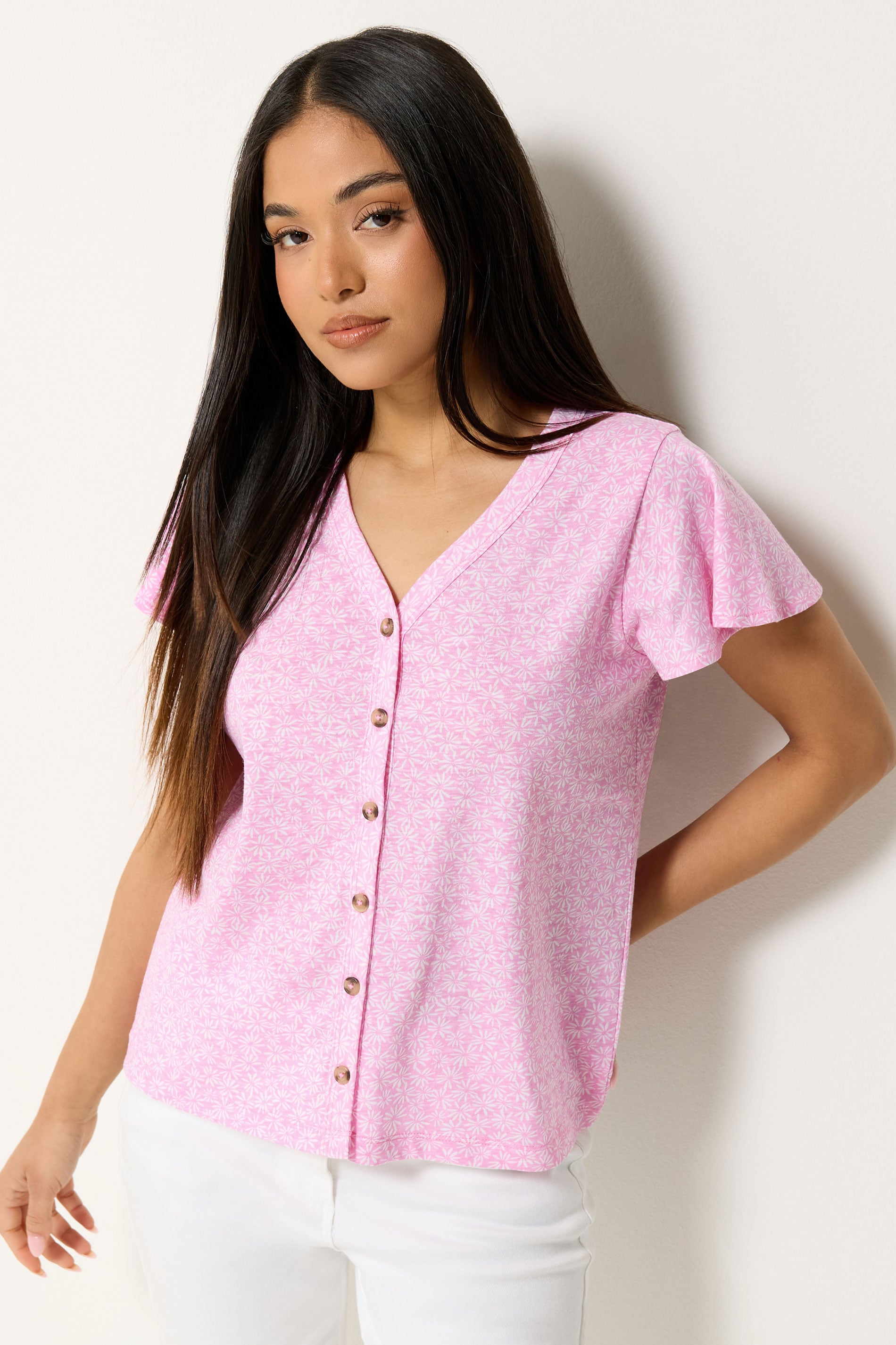 M&Co Petite Pink Ditsy Floral Cotton Frill Sleeve Blouse | M&Co 3