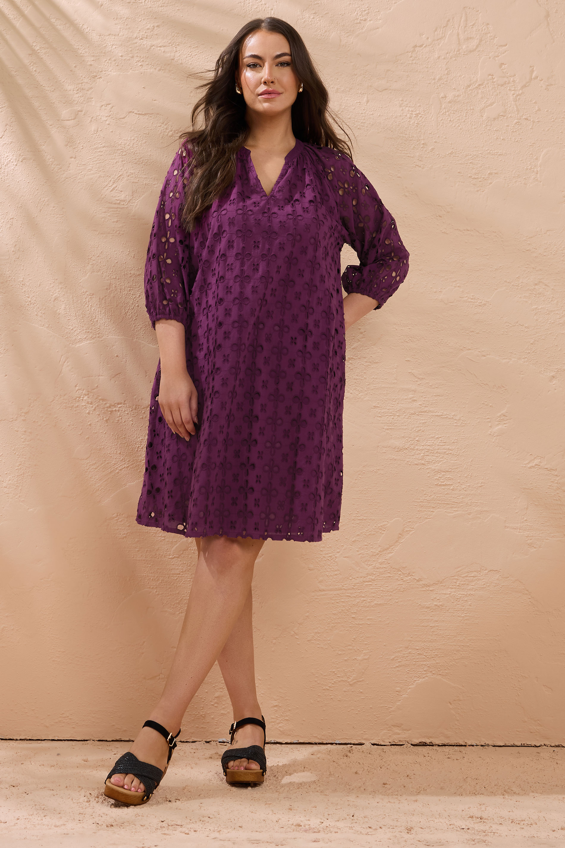 EVANS Plus Size Purple Long Sleeve Broderie Dress | Evans 1