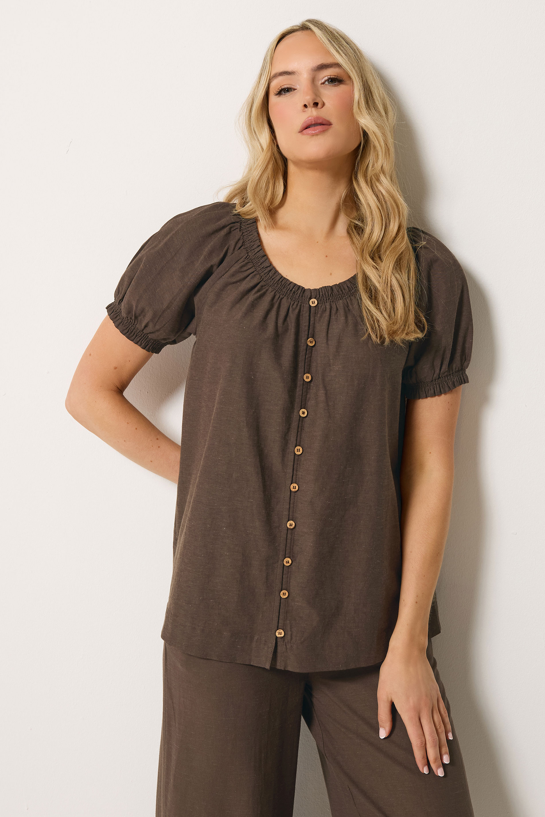 LTS Tall Women's Chocolate Brown Linen Button Blouse | Long Tall Sally 3