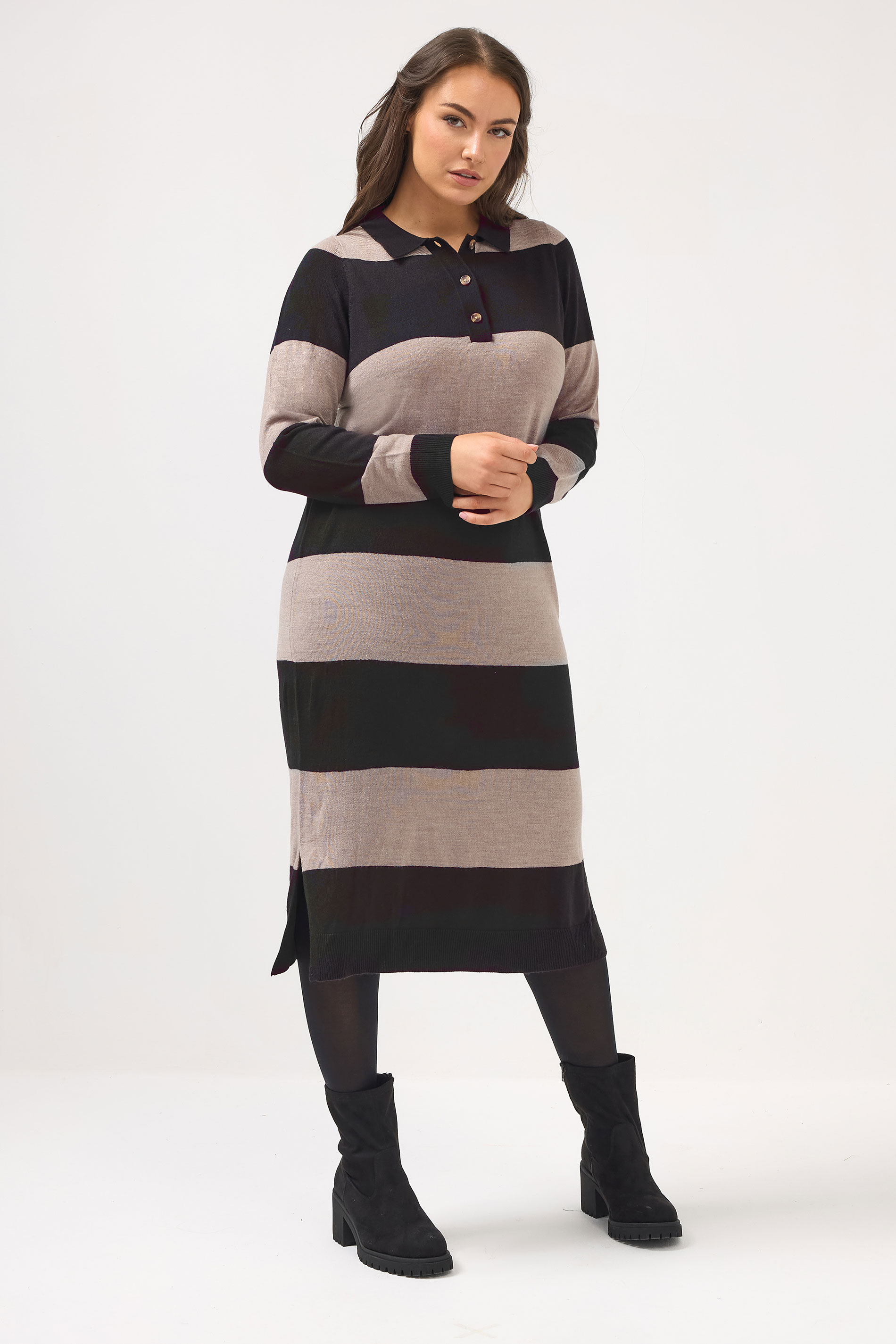 YOURS Plus Size Black Rugby Collar Knitted Jumper Dress | Yours Clothing 1