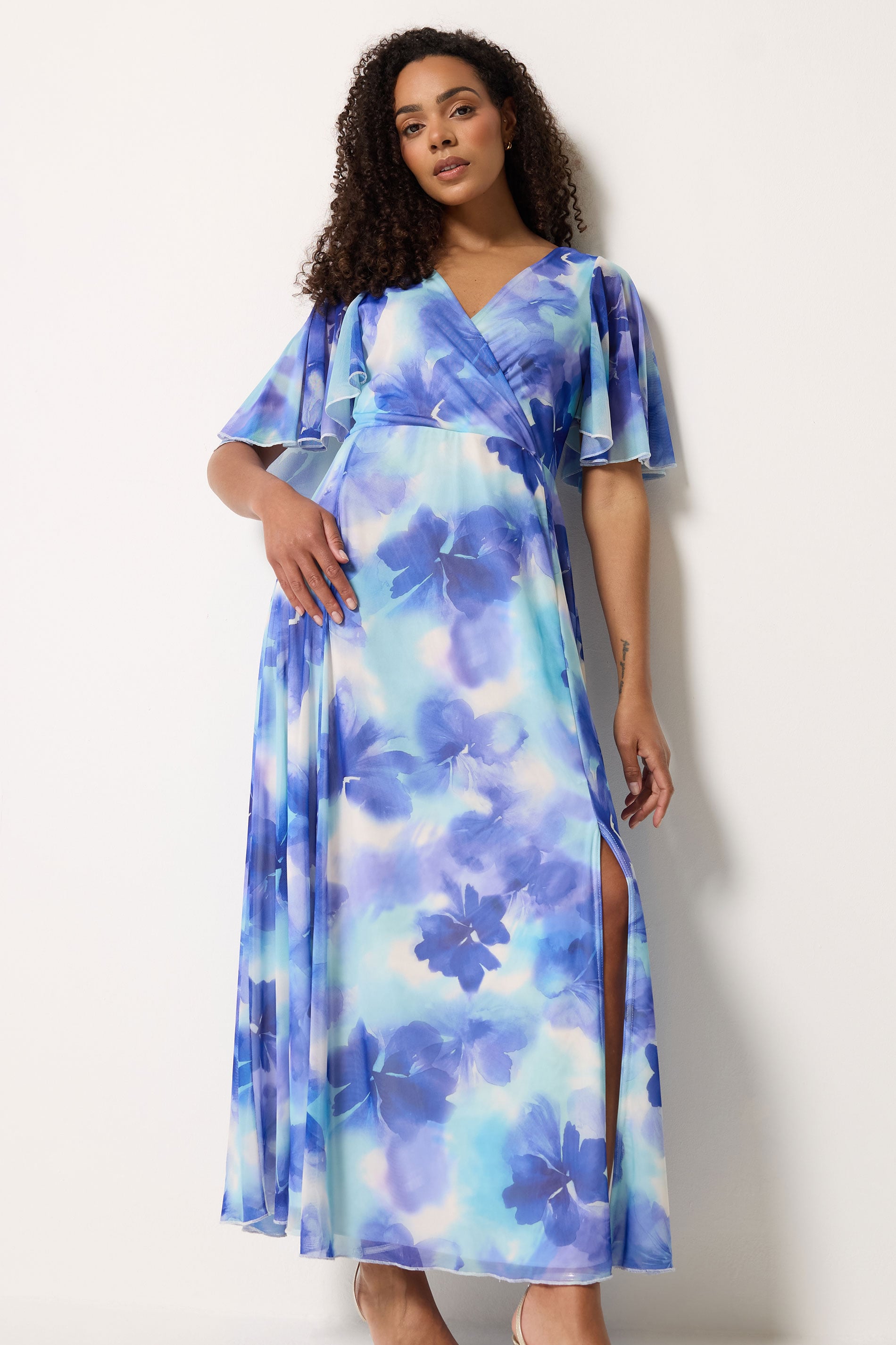 M&Co Blue Floral Print Mesh Maxi Wrap Dress | M&Co 2