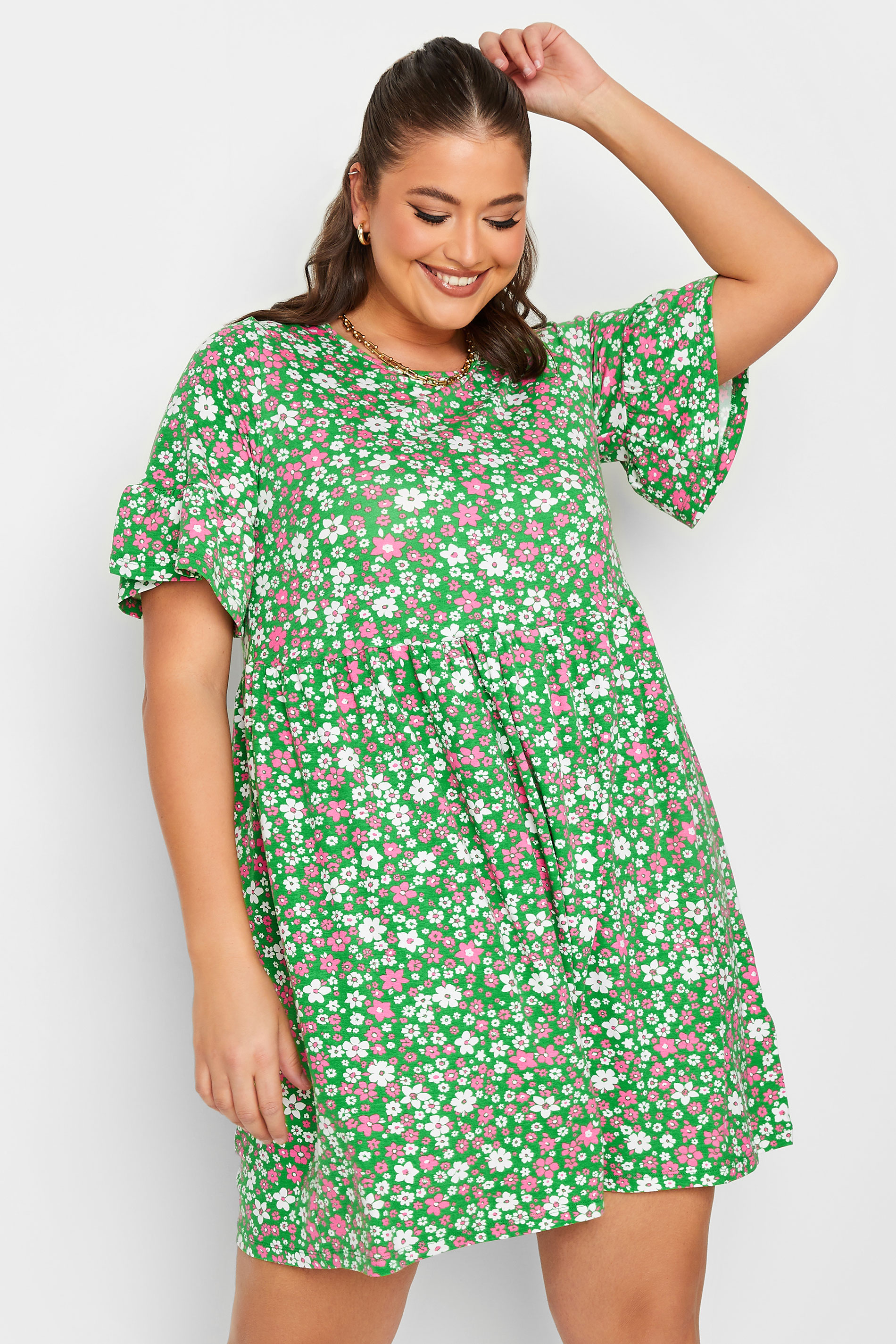 YOURS Curve Plus Size Green Floral Tunic Dress | Yours Clothing  1