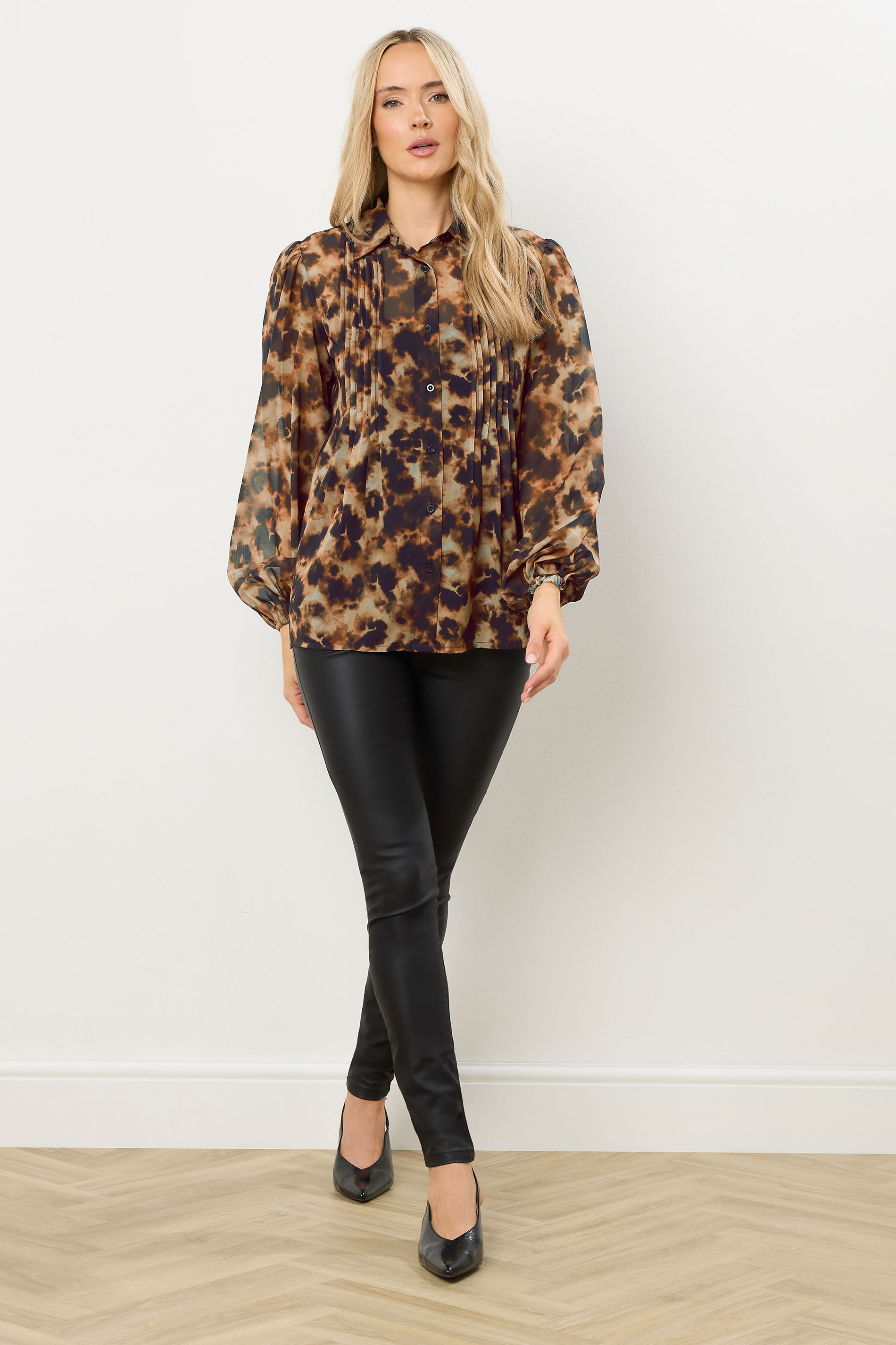 LTS Tall Brown Marble Sheer Pintuck Blouse | Long Tall Sally 1