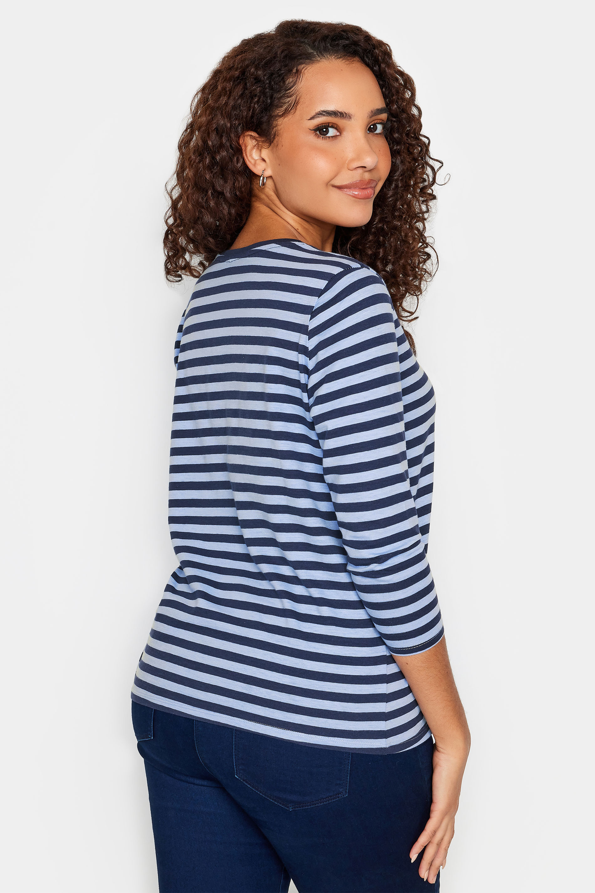 M&Co Navy & Blue Stripe V-Neck Cotton Long Sleeve T-Shirt | M&Co 3