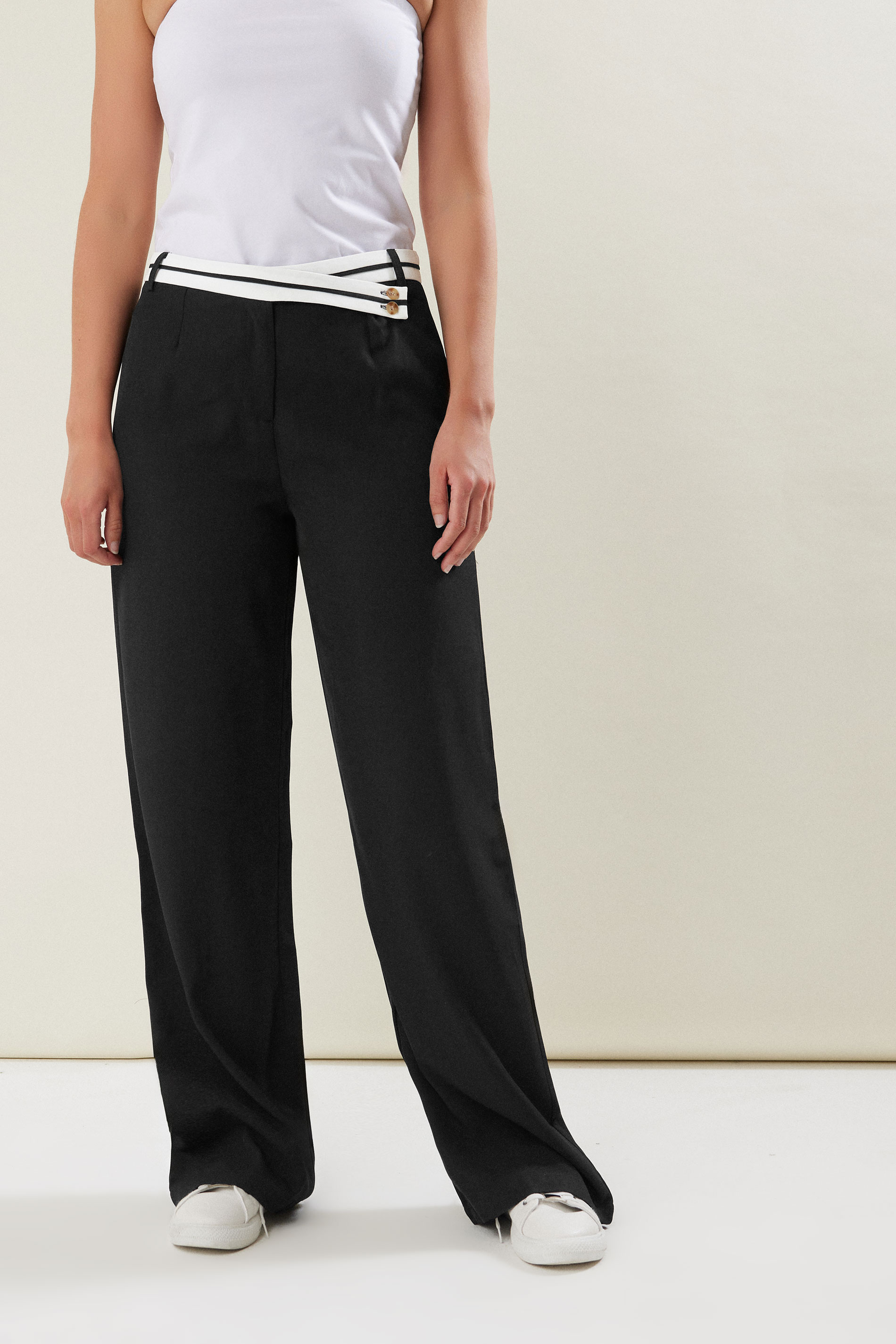 LTS Tall Black Cross Over Contrast Waistband Trousers | Long Tall Sally 2