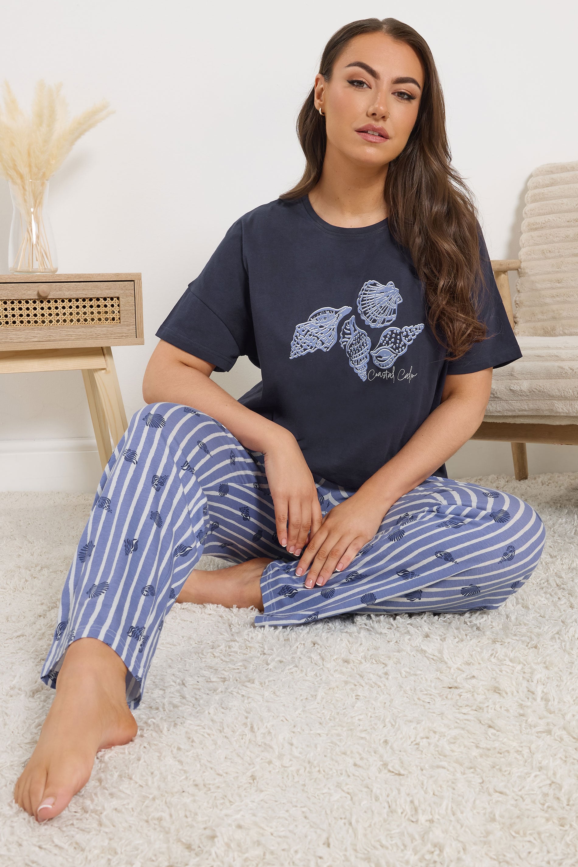YOURS Plus Size Blue 'Coastal Calm' Stripe Pyjama Set | Yours Clothing 3