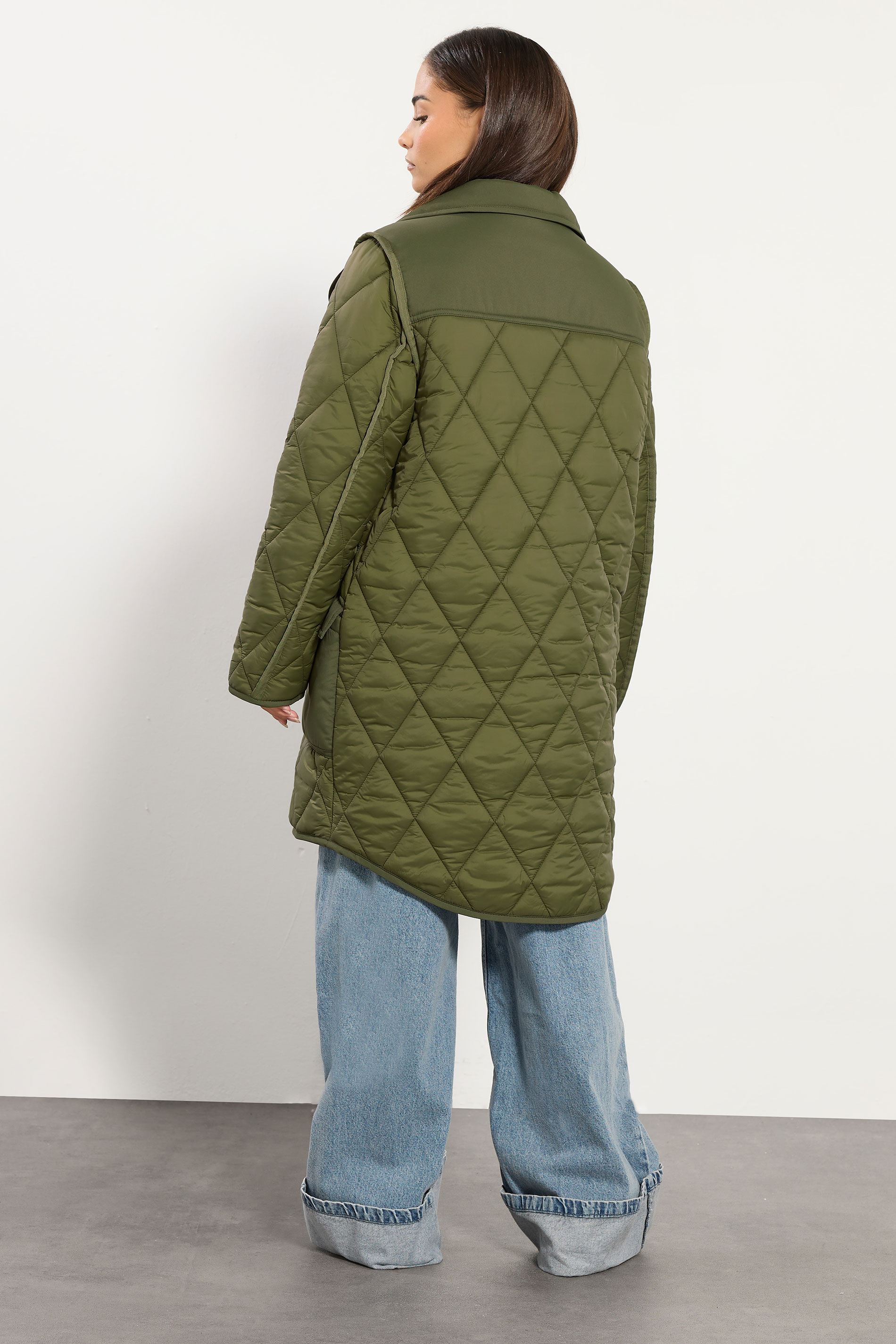 PixieGirl Petite Women's Khaki Green Funnel Neck Quilted Coat | PixieGirl 4