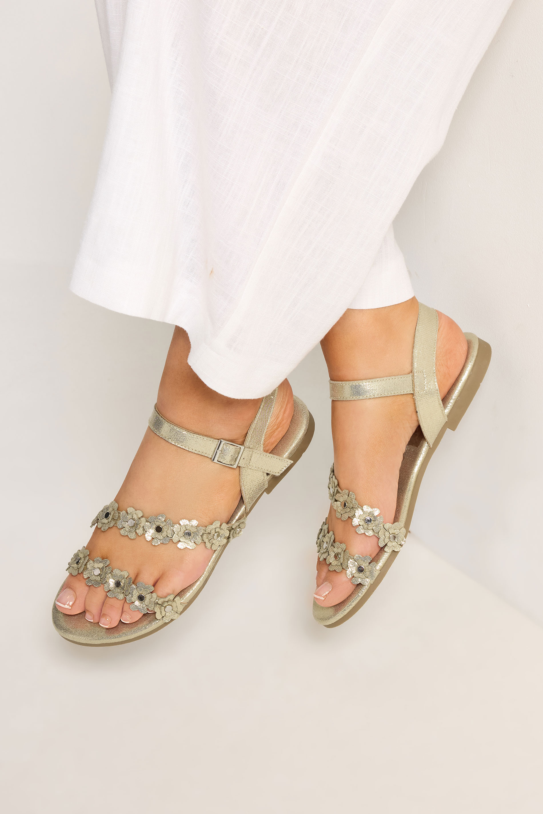 Gold Ditsy Floral Sandals In Wide E Fit | Yours Clothing 3