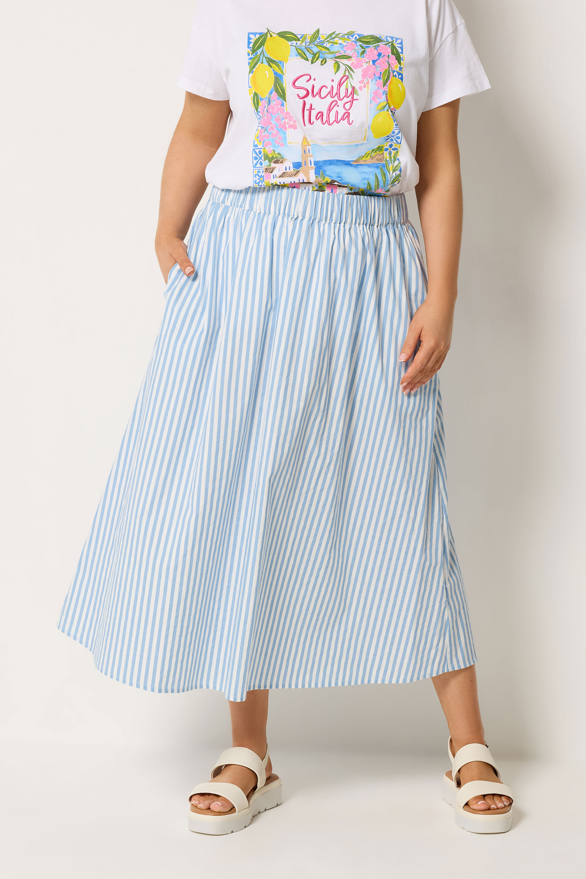 YOURS Plus Size Blue Stripe Poplin Skirt | Yours Clothing 3