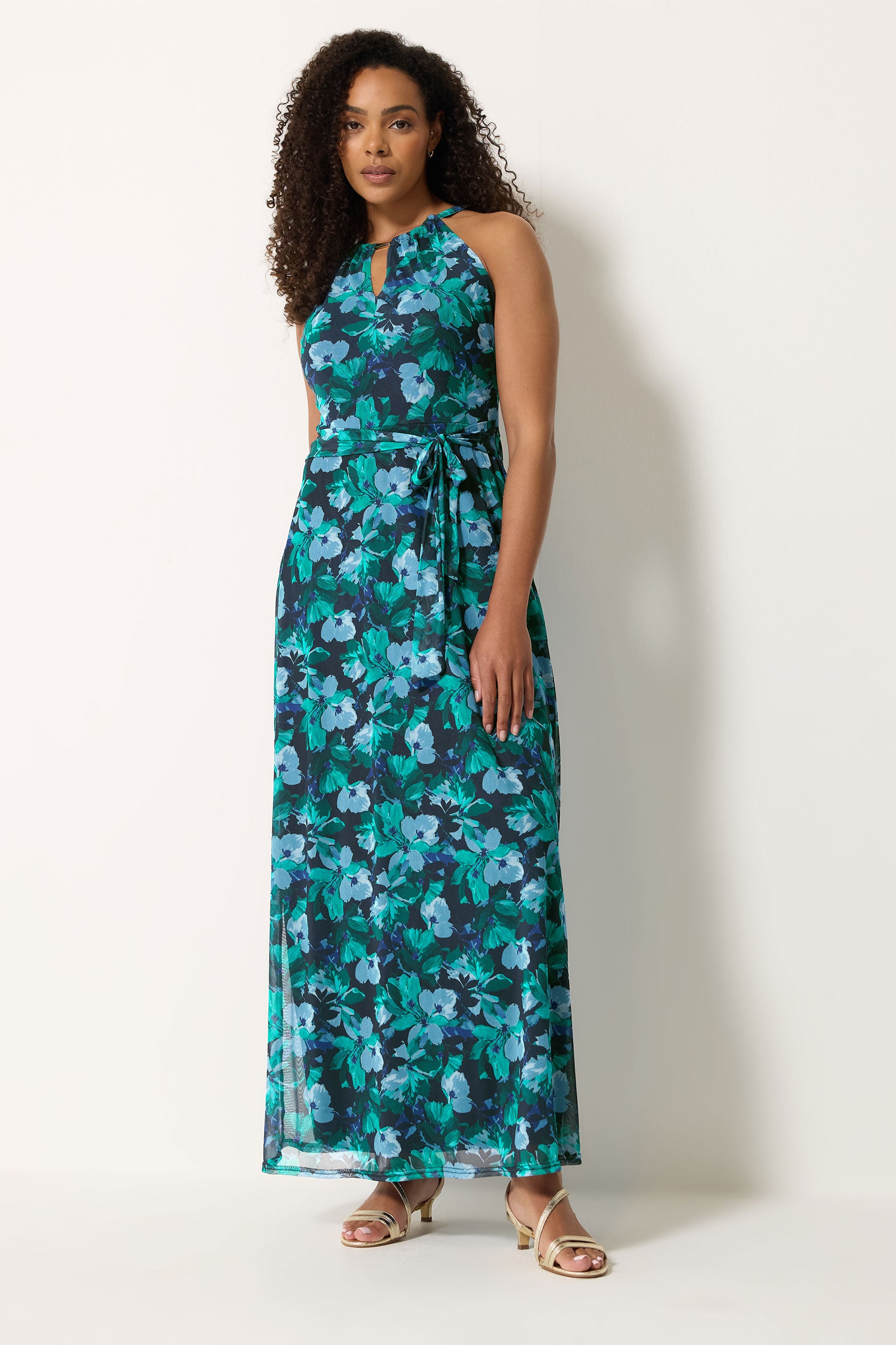 M&Co Green Floral Print Halter Neck Mesh Maxi Dress | M&Co 1