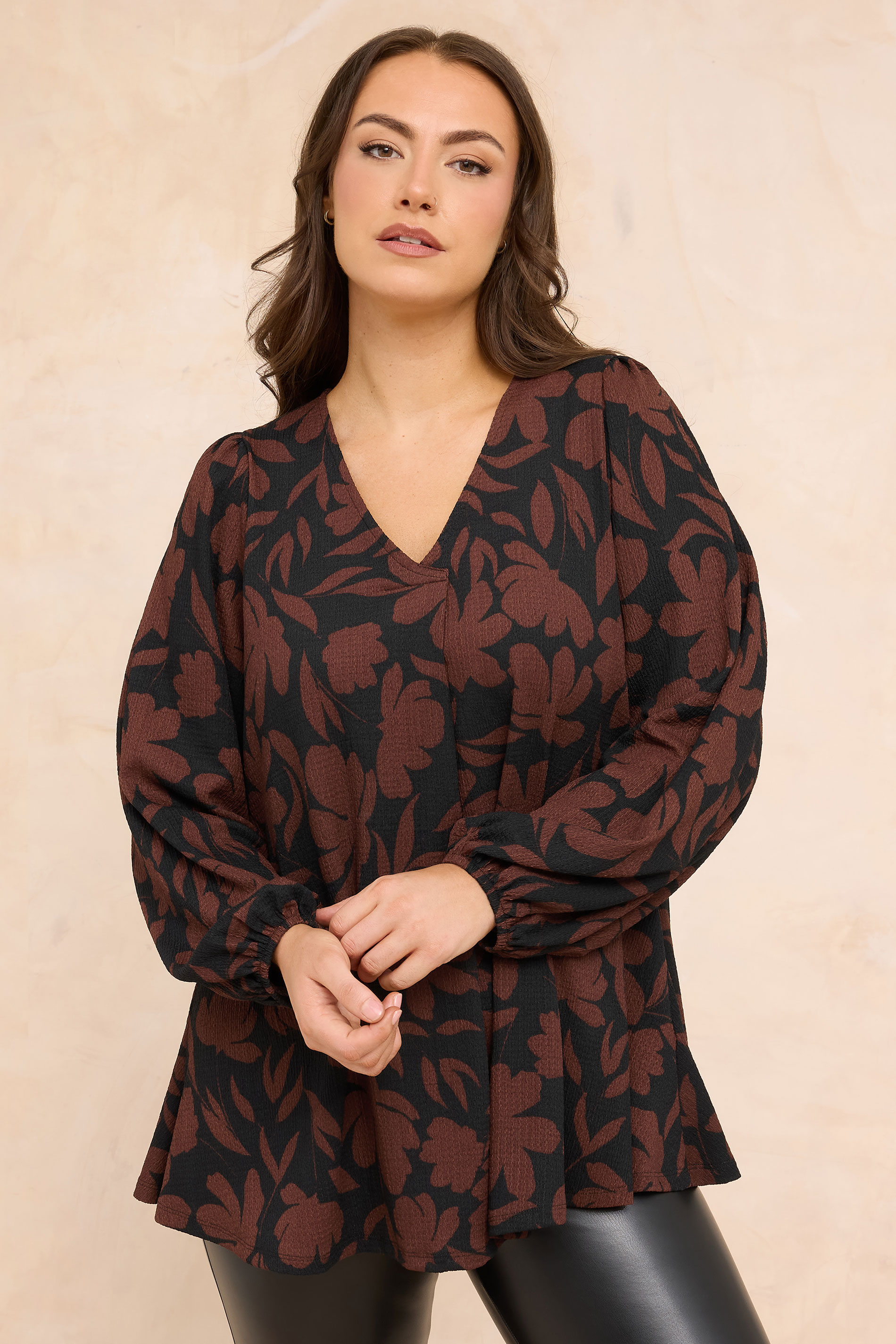 EVANS Plus Size Black & Brown Floral Pleat Front Blouse | Evans 3
