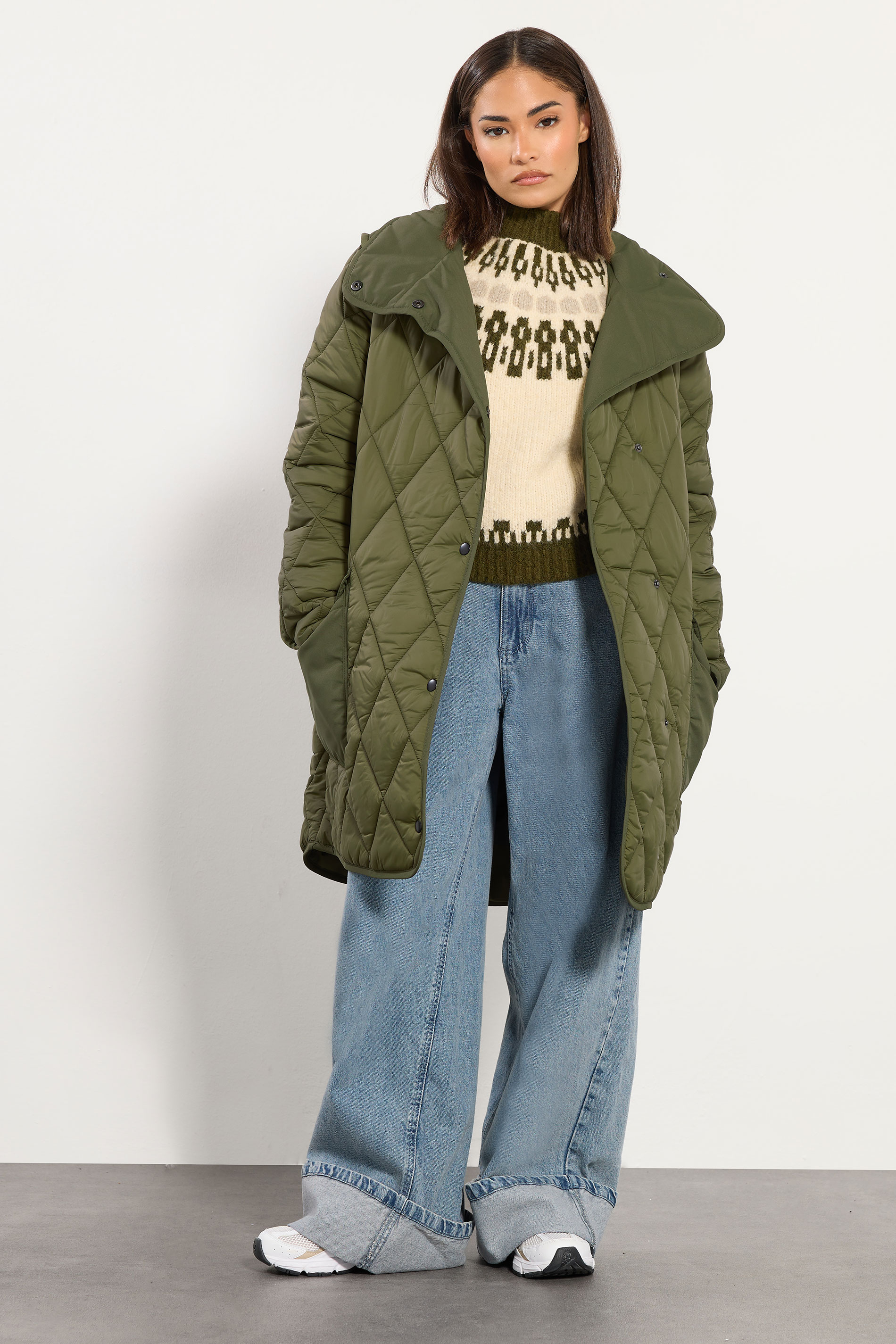 PixieGirl Petite Women's Khaki Green Funnel Neck Quilted Coat | PixieGirl 1
