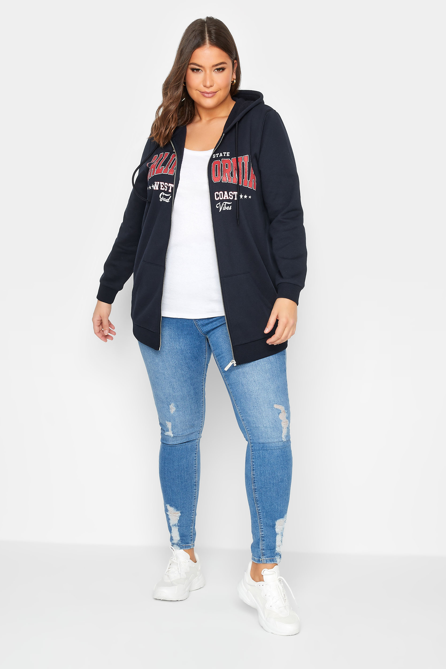 YOURS Curve Plus Size Navy Blue 'California' Slogan Zip Up Hoodie | Yours Clothing  2