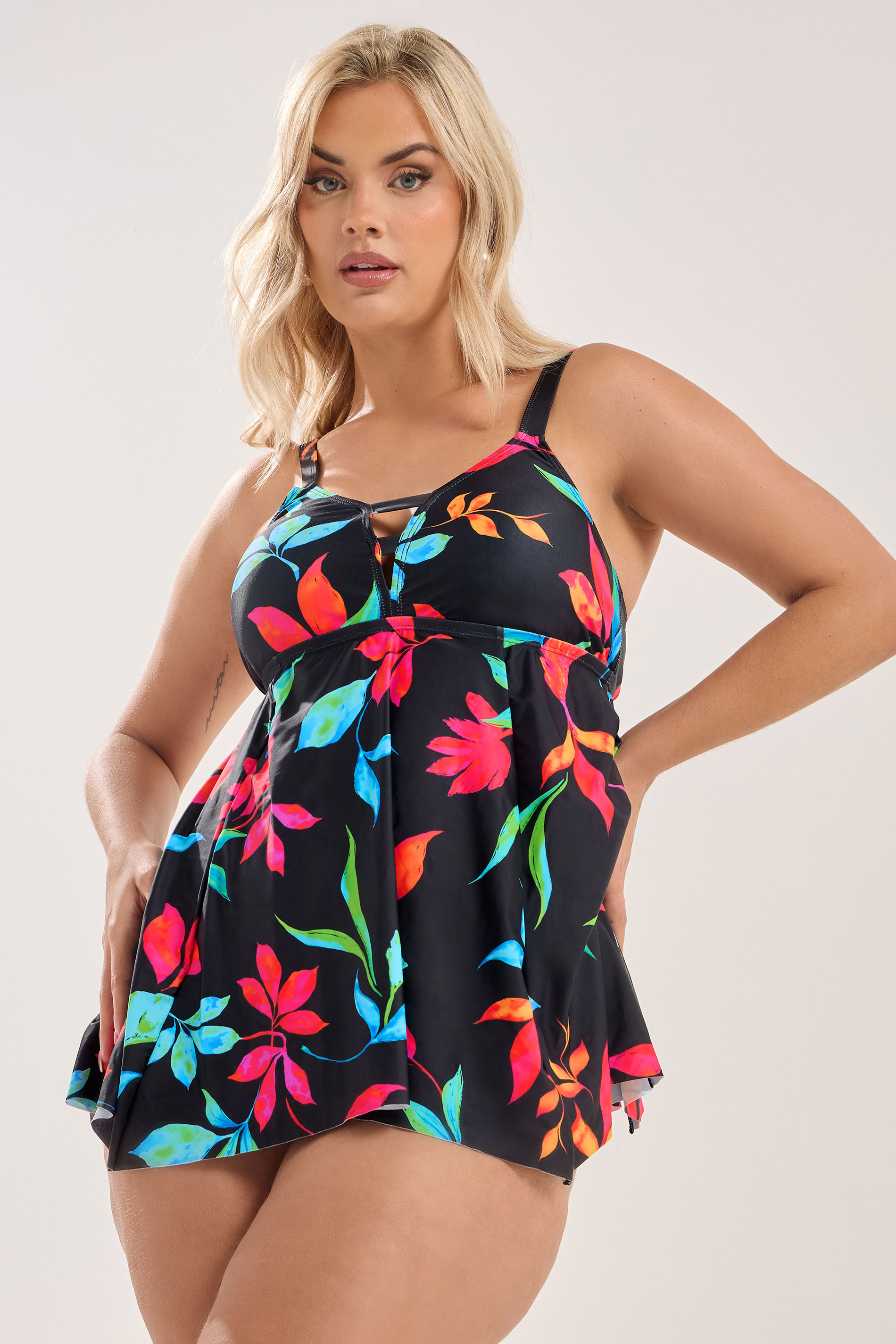 YOURS Plus Size Black Floral Print Hanky Hem Tankini Top | Yours Clothing 1