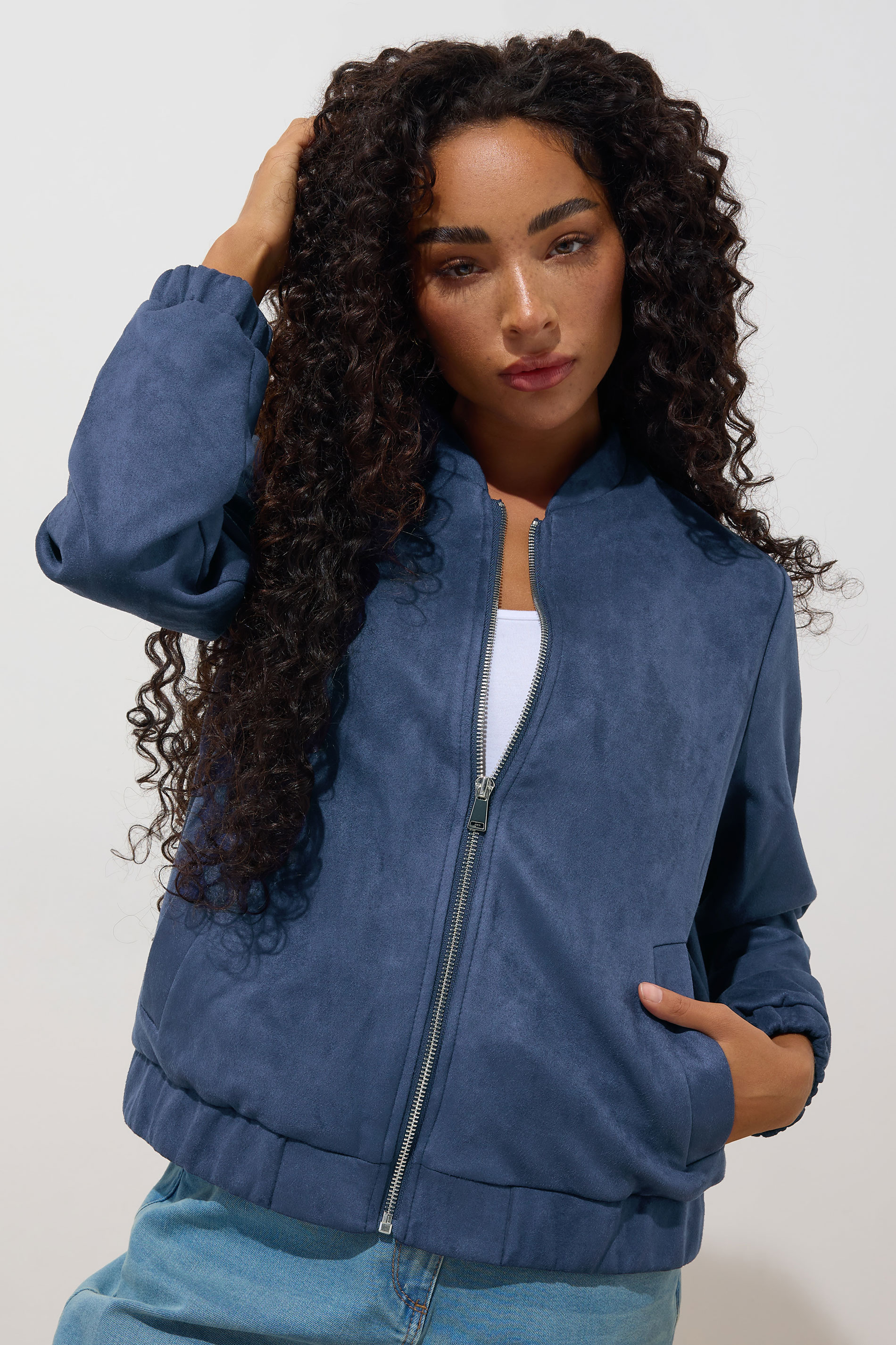 M&Co Petite Navy Blue Faux Suede Bomber Jacket | M&Co 3