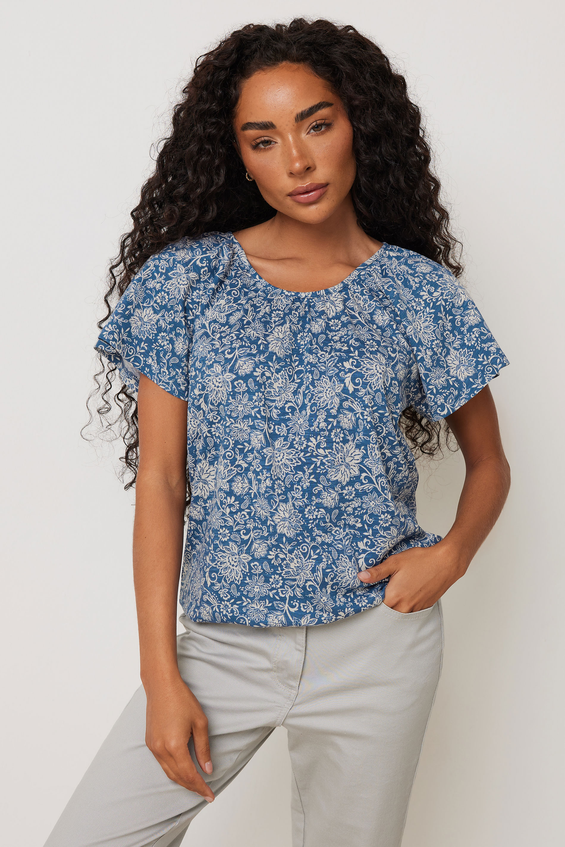 M&Co Petite Blue Floral Print Cotton Scoop Neck T-Shirt | M&Co 4