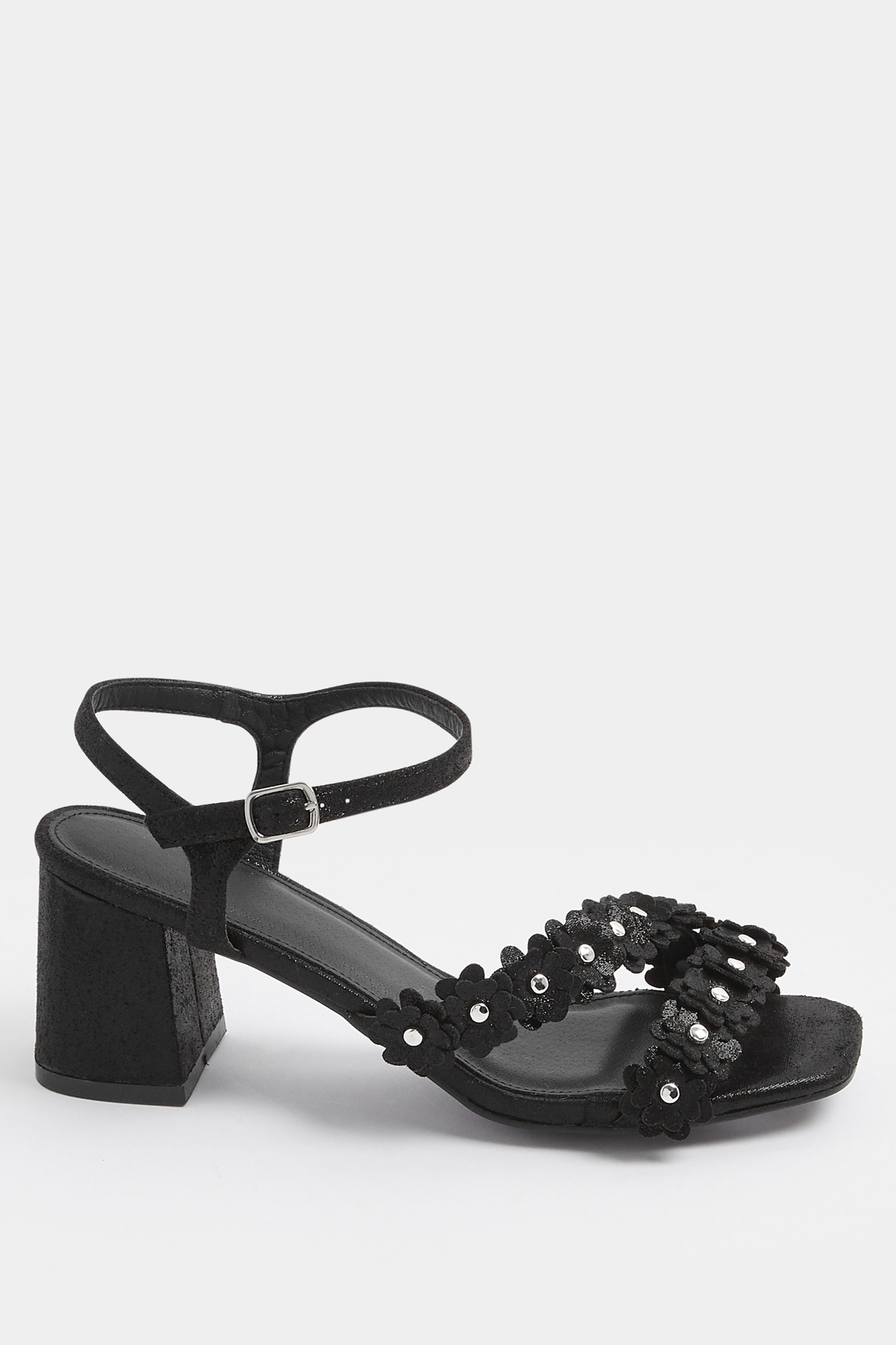 Black Shimmer Floral Block Heel Sandals In Extra Wide EEE Fit | Yours Clothing 2