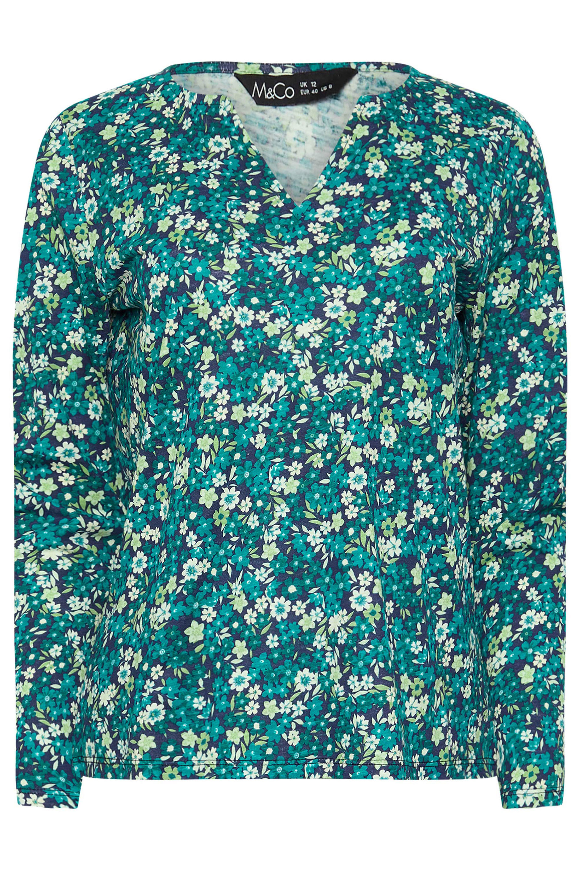 M&Co 2 Pack Light Green & Floral Print Cotton Notch Neck T-Shirts | M&Co 9
