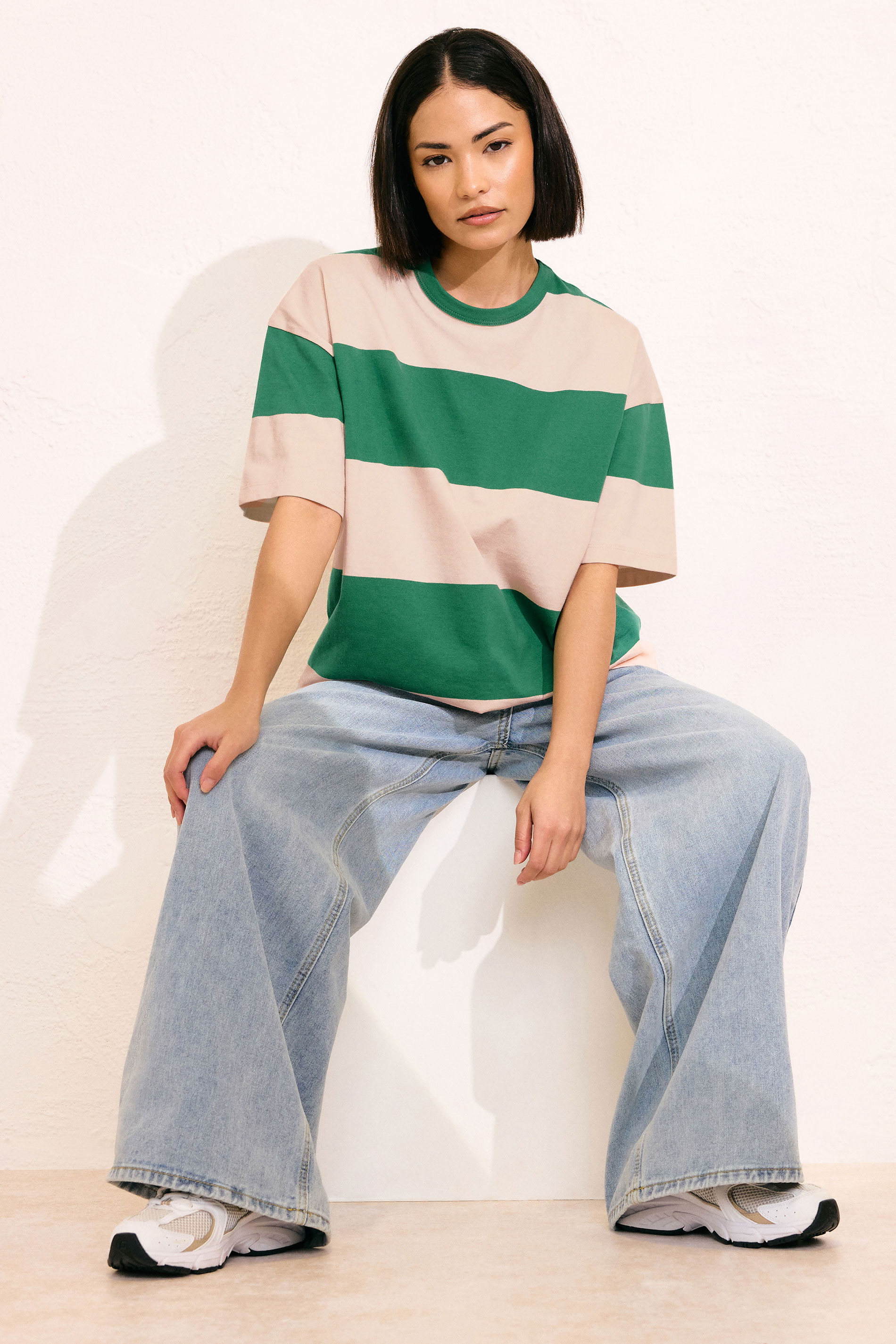 PixieGirl Petite Women's Green & Pink Striped Cotton Boxy T-Shirt | PixieGirl 1